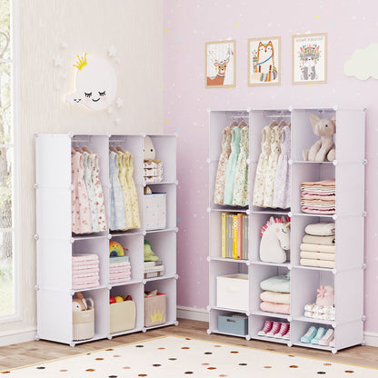 Modular Baby Wardrobe with 10 Cubes & Hanging Rod and Shelves Stackable, White