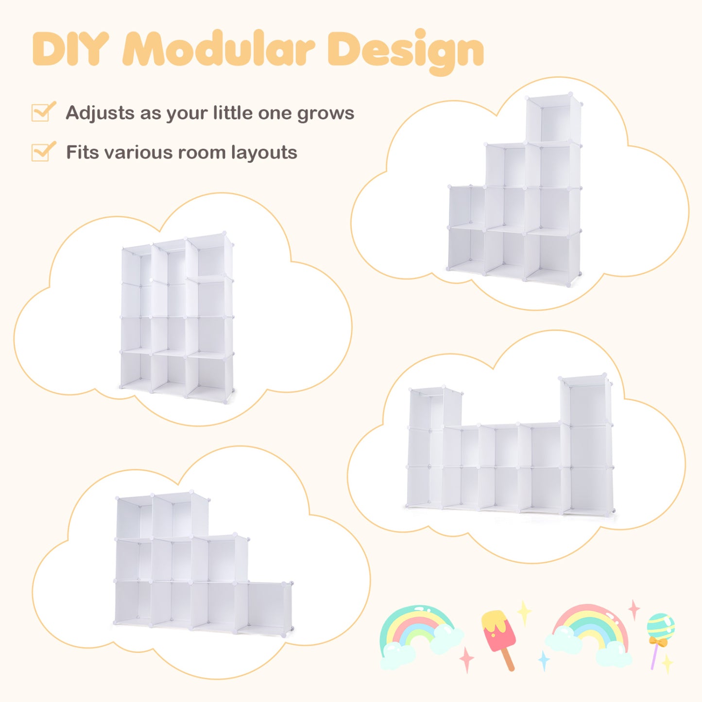 Modular Baby Wardrobe with 10 Cubes & Hanging Rod and Shelves Stackable, White