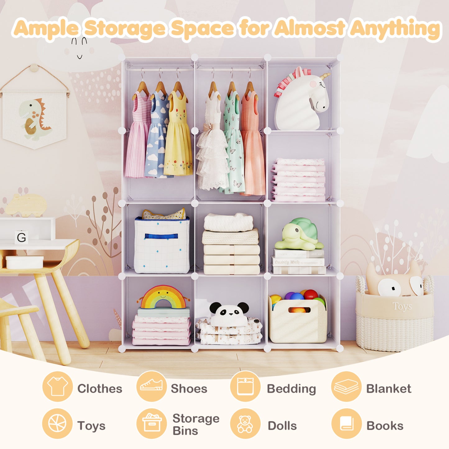 Modular Baby Wardrobe with 10 Cubes & Hanging Rod and Shelves Stackable, White