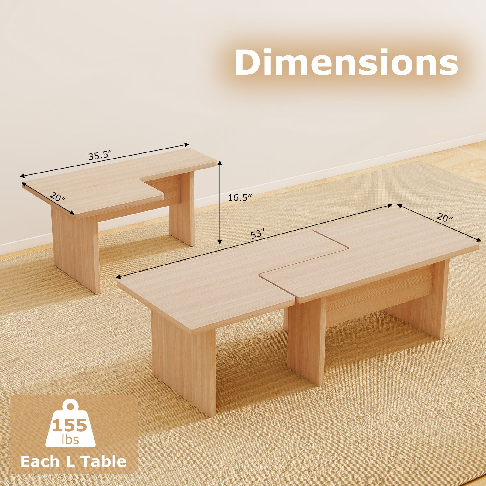 Modular Coffee Table Set of 2 L Shaped Center Tables for Small Space, Oak Coffee Tables at Gallery Canada