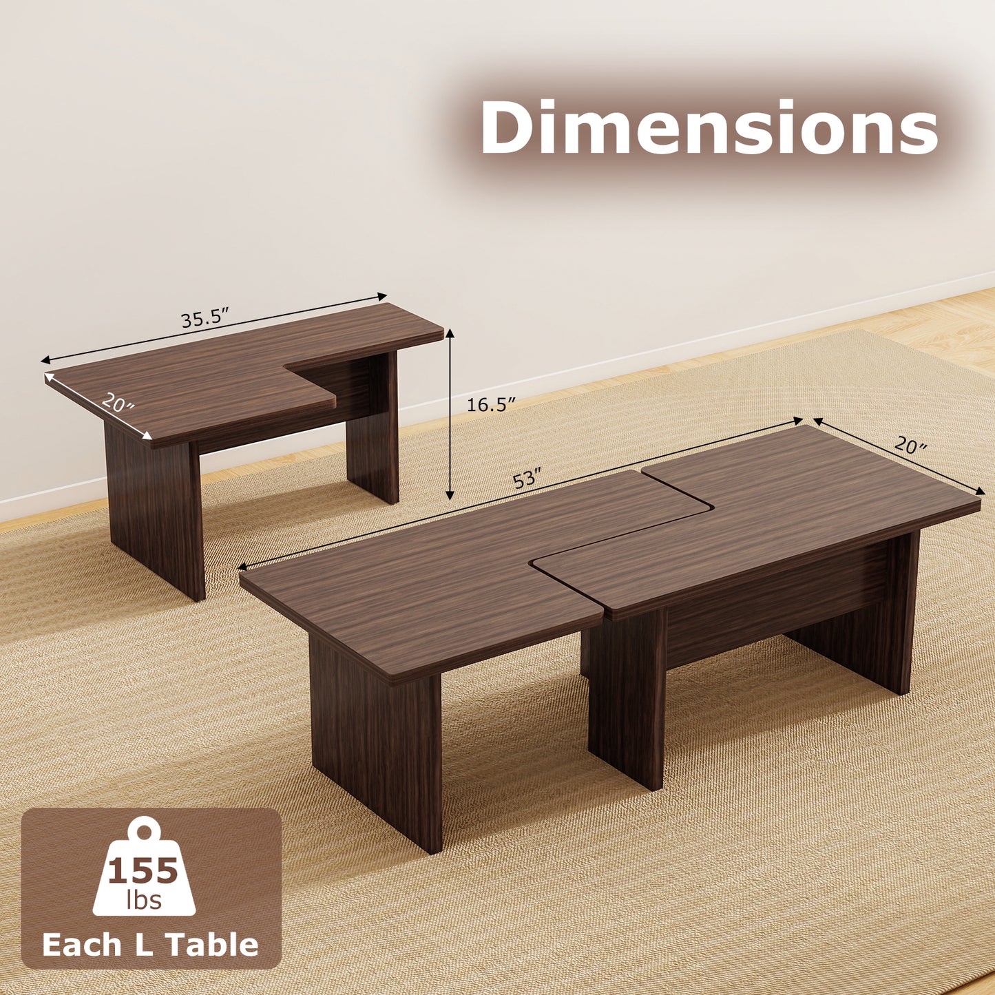 Modular Coffee Table Set of 2 L Shaped Center Tables for Small Space, Walnut Coffee Tables at Gallery Canada