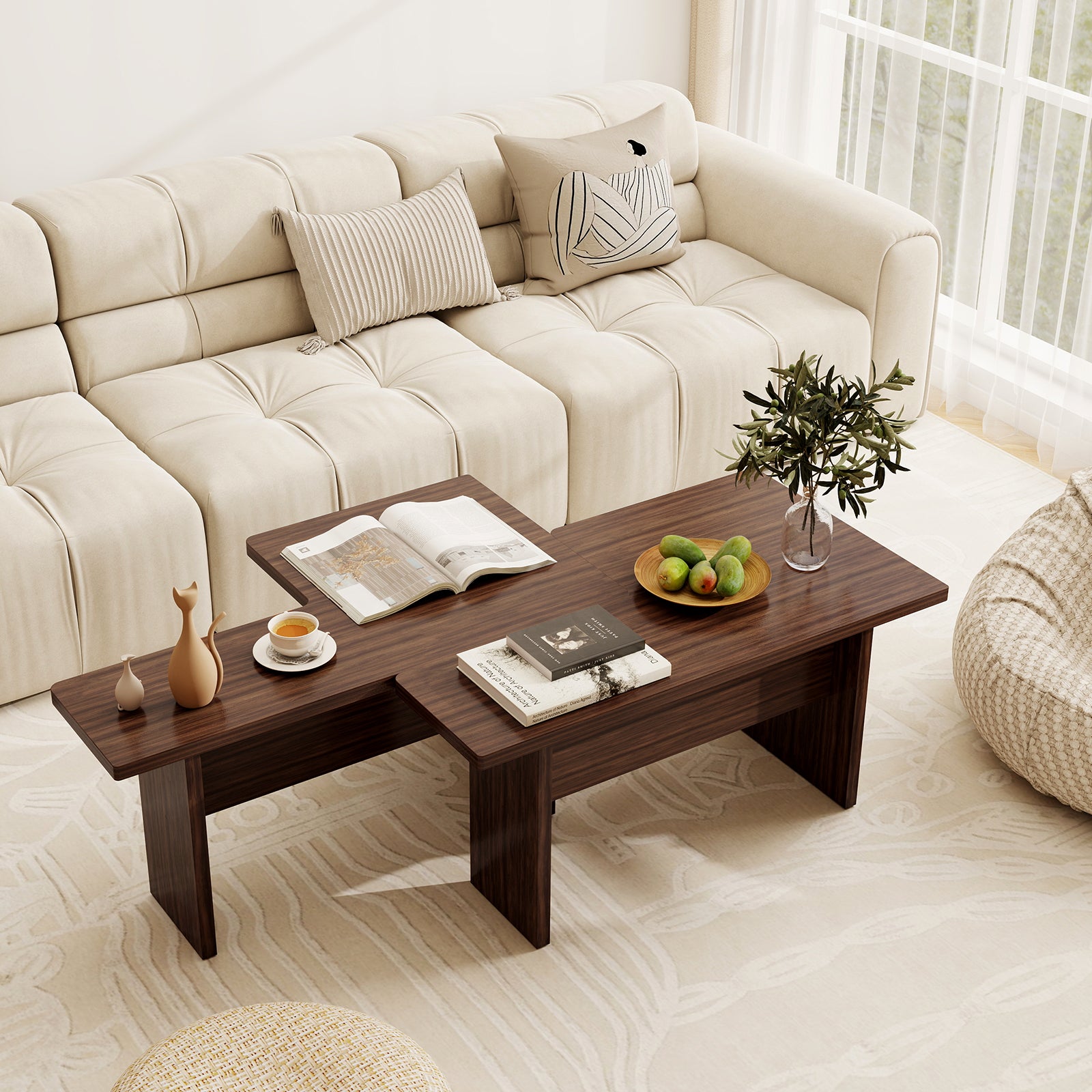 Modular Coffee Table Set of 2 L Shaped Center Tables for Small Space, Walnut Coffee Tables at Gallery Canada