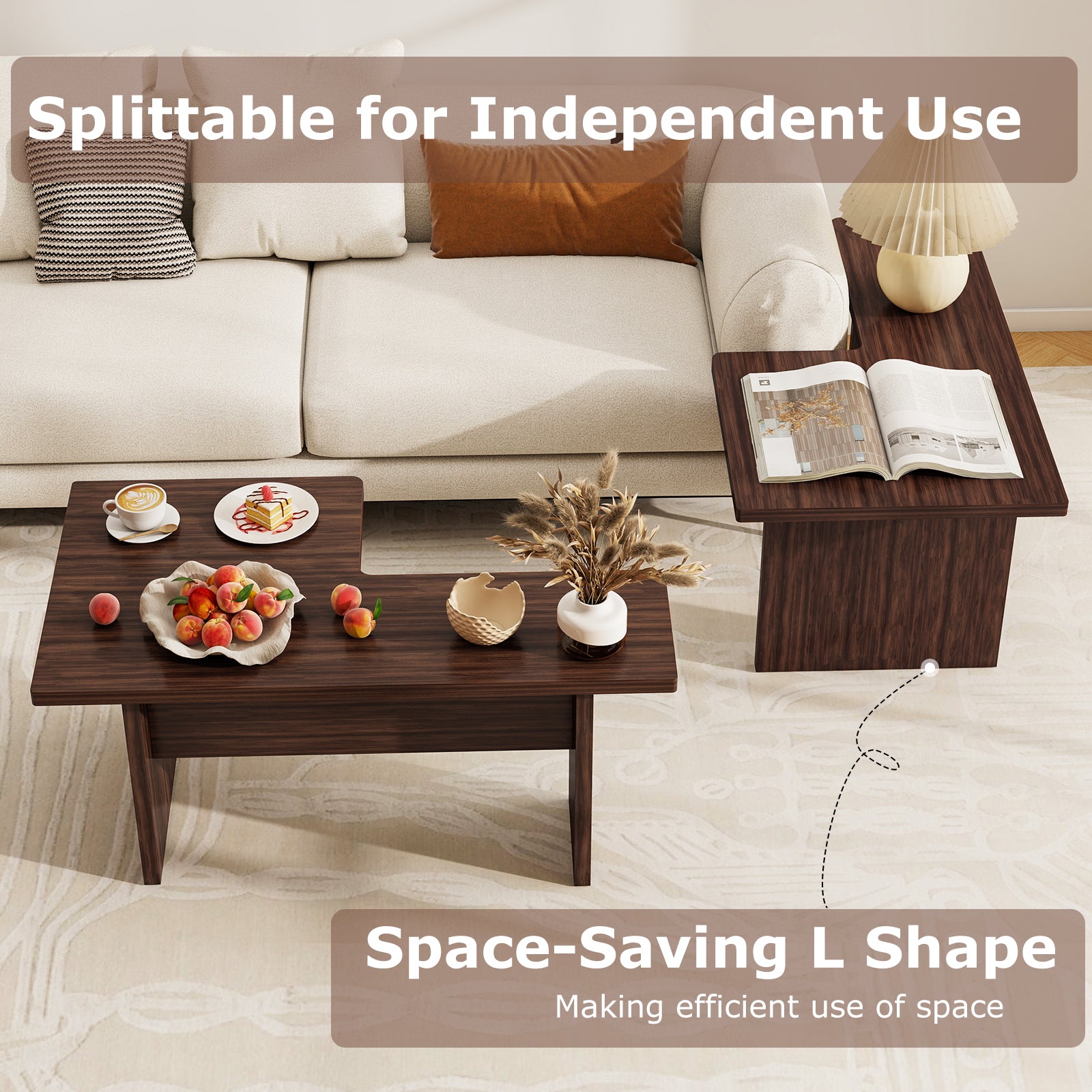 Modular Coffee Table Set of 2 L Shaped Center Tables for Small Space, Walnut Coffee Tables at Gallery Canada