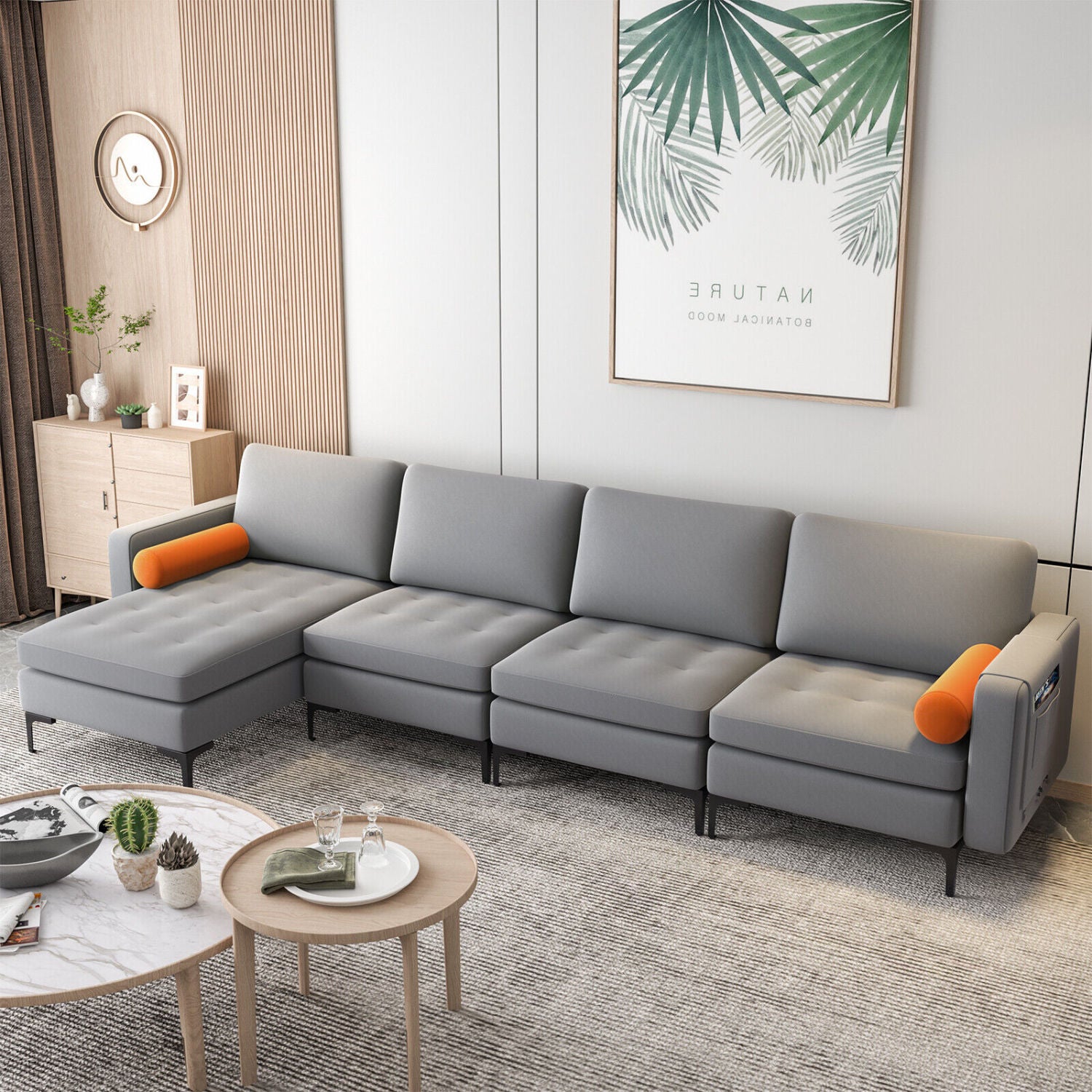 Modular L-Shaped 4-Seat Sectional Sofa, Reversible Chaise, 2 USB Ports, Gray Sofas & Loveseats at Gallery Canada