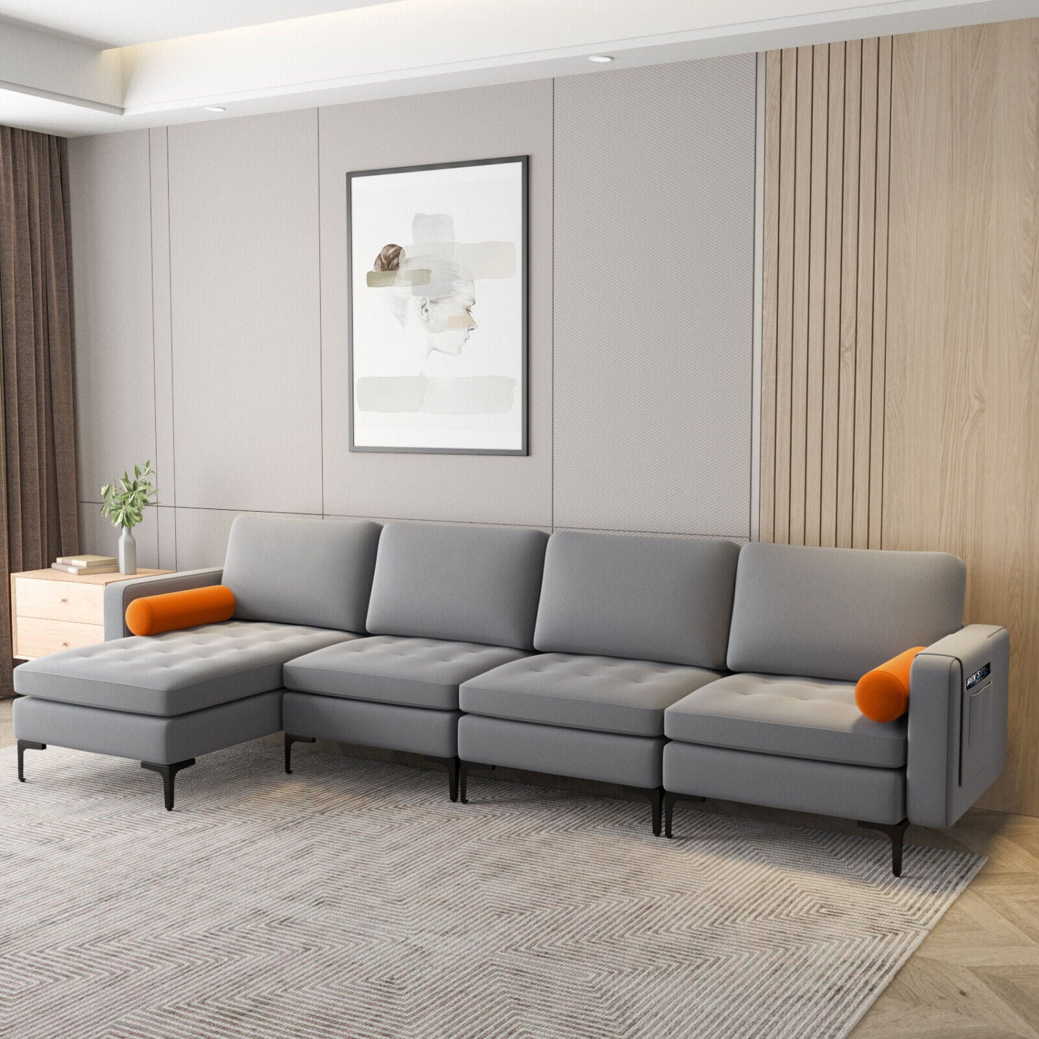 Modular L-Shaped 4-Seat Sectional Sofa, Reversible Chaise, 2 USB Ports, Gray Sofas & Loveseats at Gallery Canada