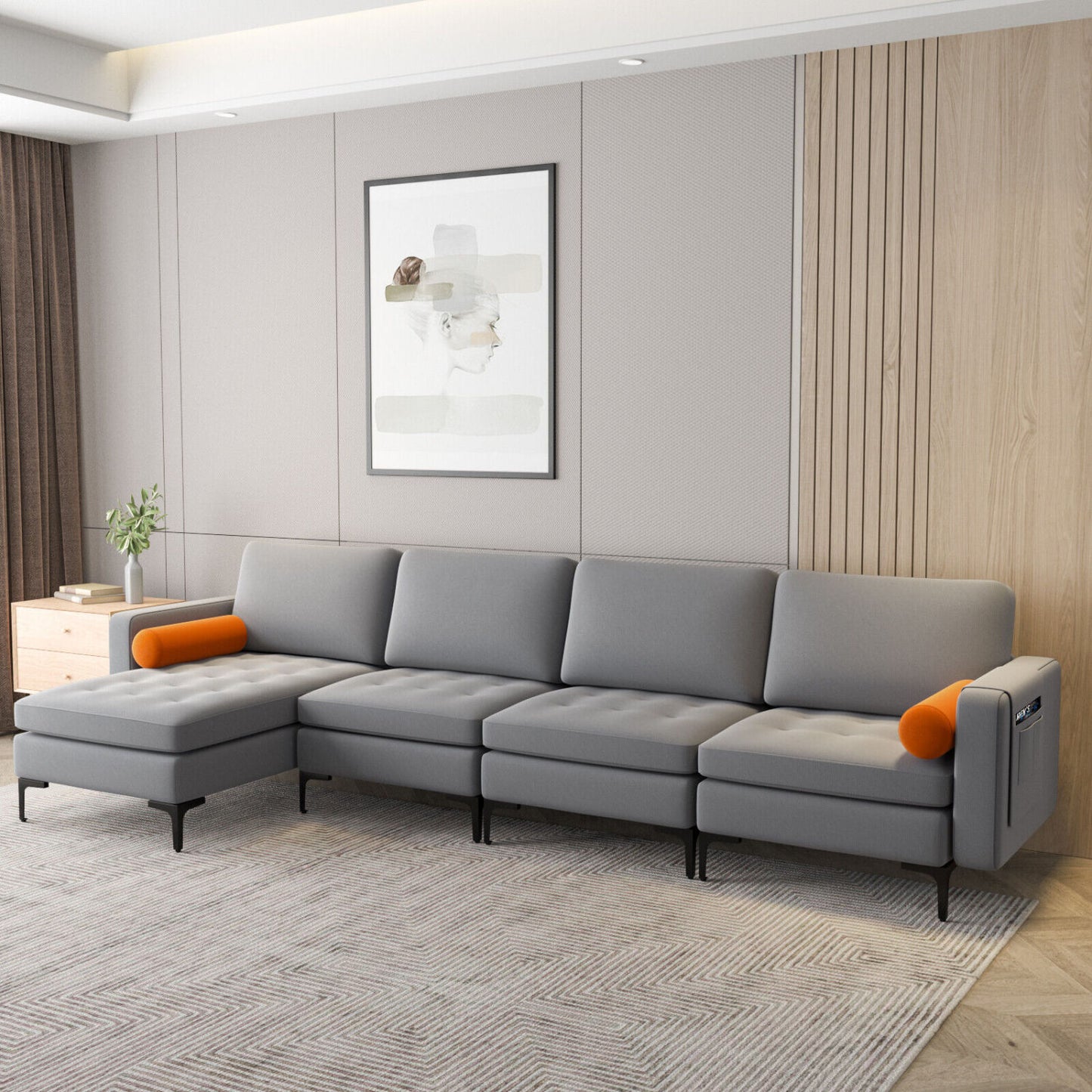 Modular L-Shaped 4-Seat Sectional Sofa, Reversible Chaise, 2 USB Ports, Gray Sofas & Loveseats at Gallery Canada