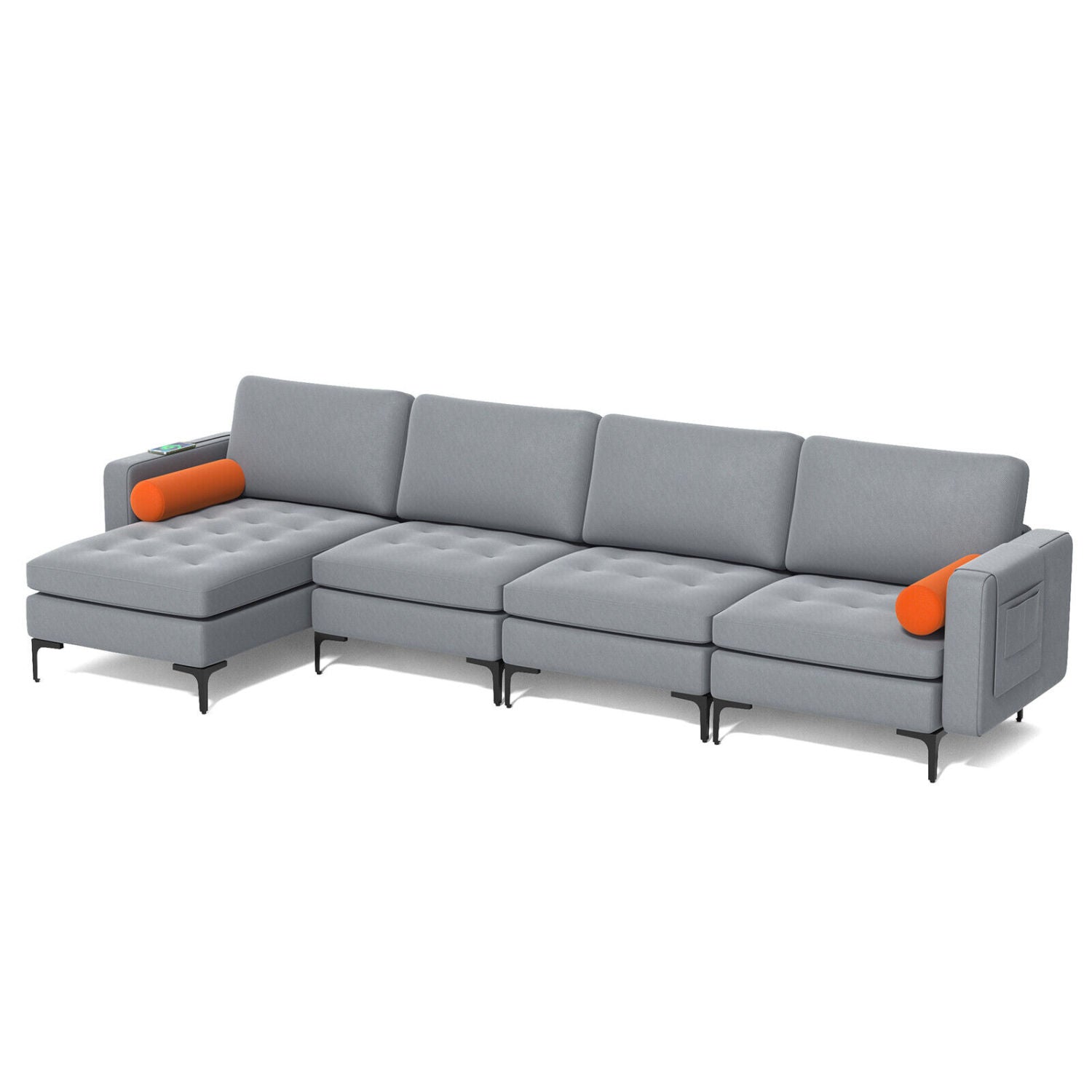 Modular L-Shaped 4-Seat Sectional Sofa, Reversible Chaise, 2 USB Ports, Gray Sofas & Loveseats at Gallery Canada