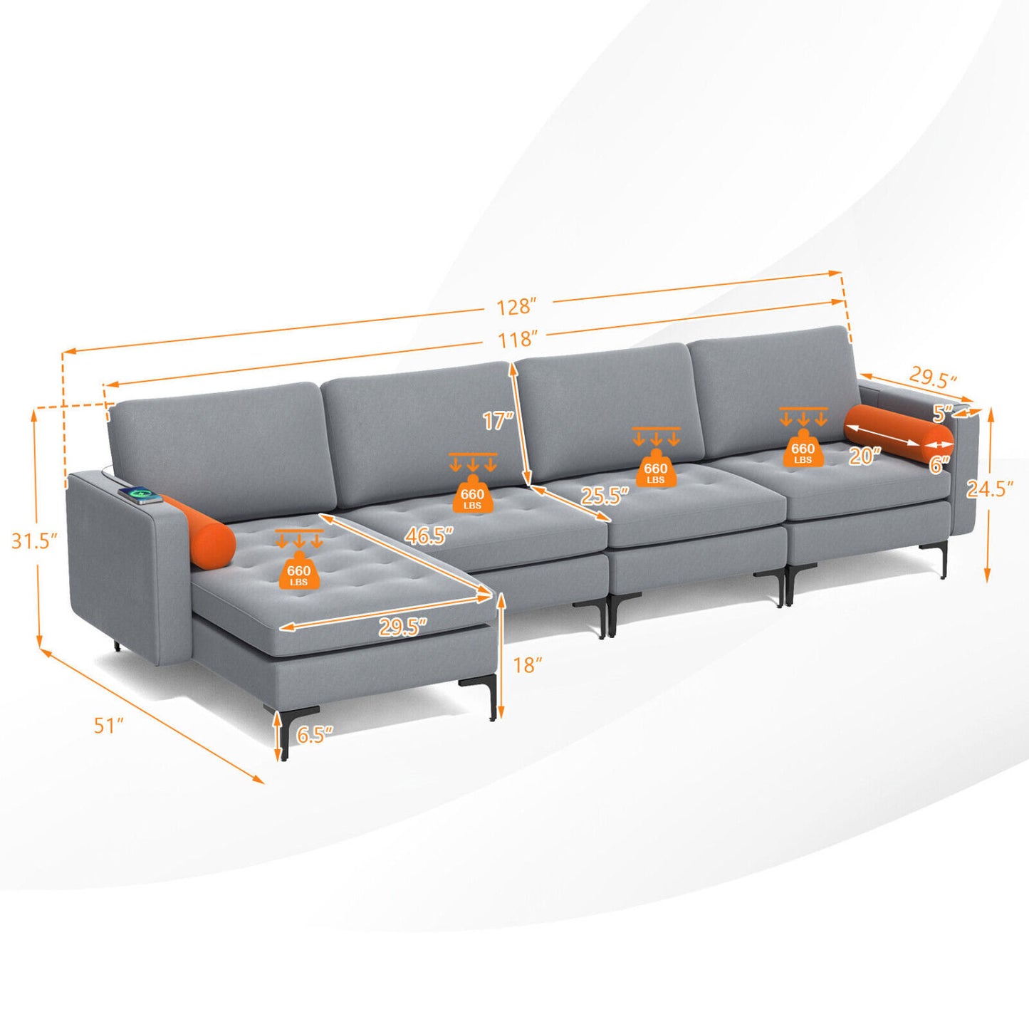 Modular L-Shaped 4-Seat Sectional Sofa, Reversible Chaise, 2 USB Ports, Gray Sofas & Loveseats at Gallery Canada