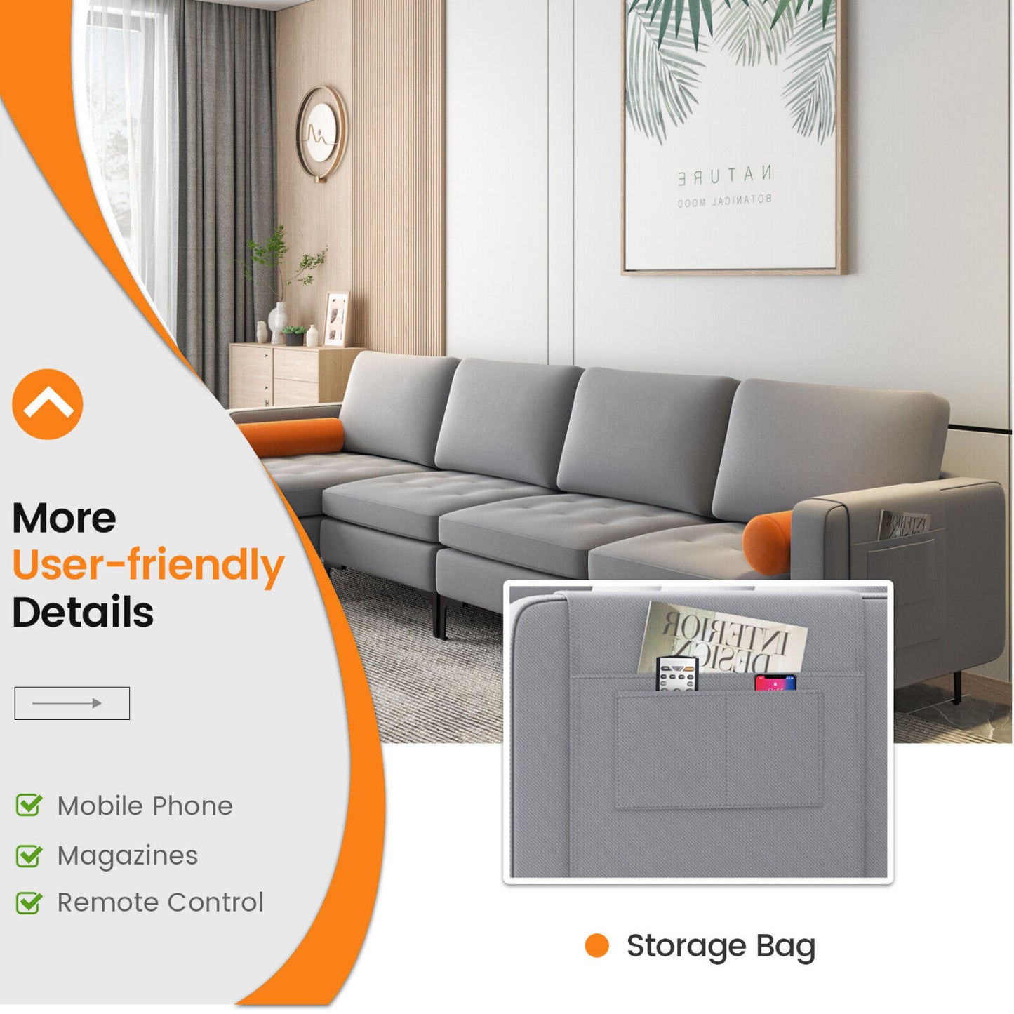 Modular L-Shaped 4-Seat Sectional Sofa, Reversible Chaise, 2 USB Ports, Gray Sofas & Loveseats at Gallery Canada