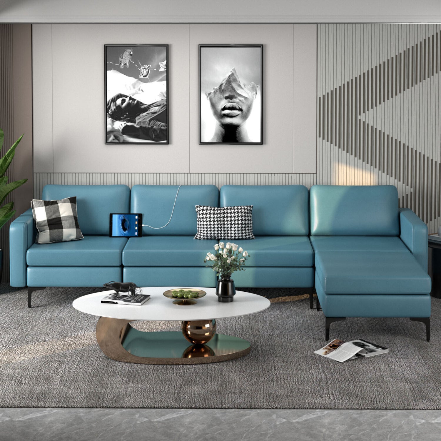 Modular L-Shaped Sectional Sofa, Reversible Ottoman, 2 USB Ports, Blue Sofas & Loveseats at Gallery Canada