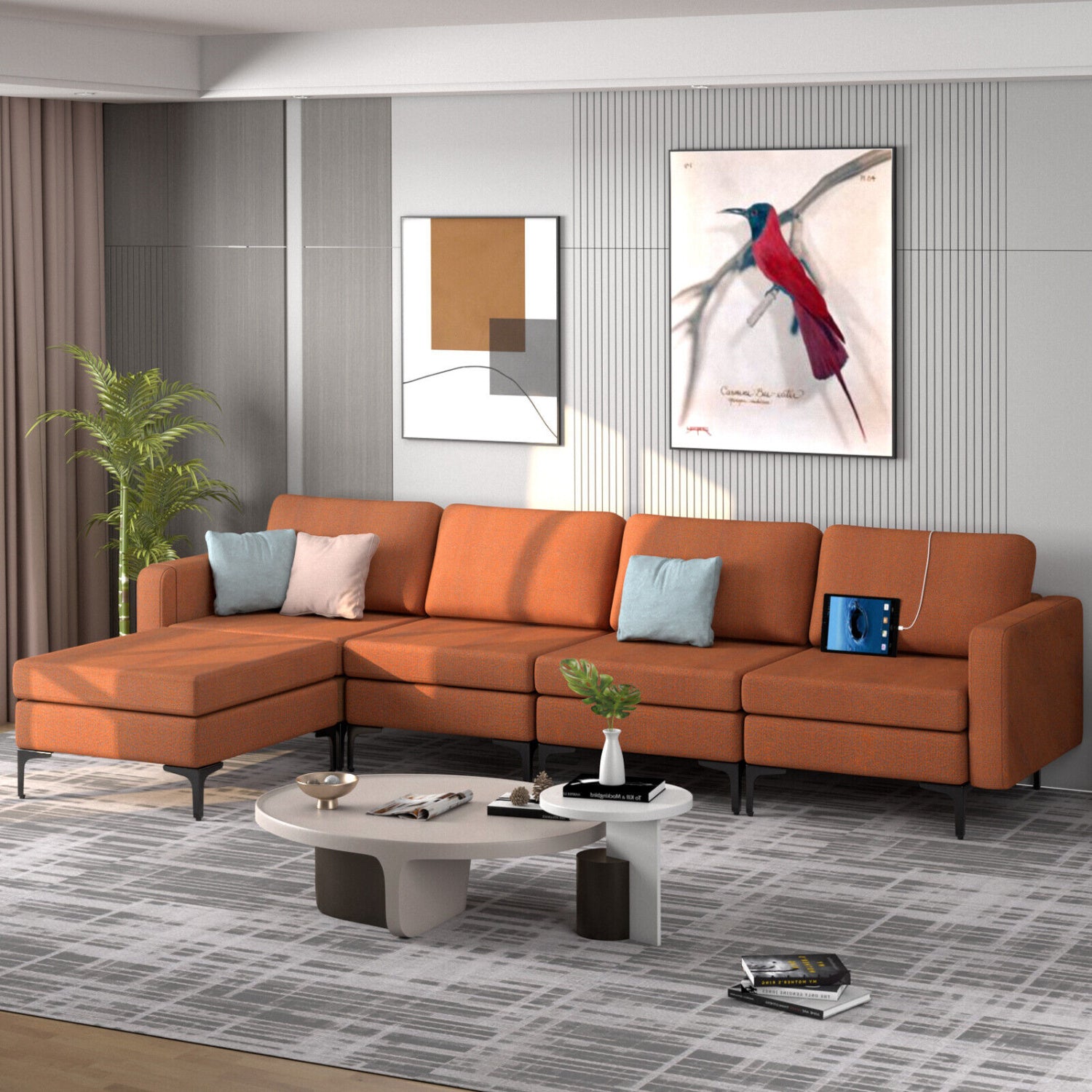 Modular L-Shaped Sectional Sofa, Reversible Ottoman, 2 USB Ports, Orange Sofas & Loveseats at Gallery Canada