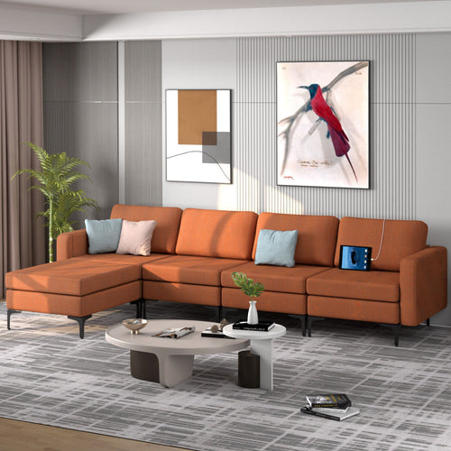 Modular L-Shaped Sectional Sofa, Reversible Ottoman, 2 USB Ports, Orange