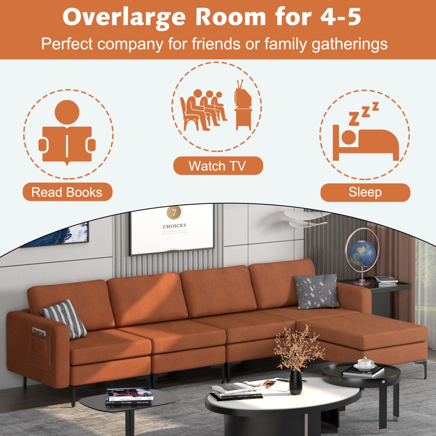 Modular L-Shaped Sectional Sofa, Reversible Ottoman, 2 USB Ports, Orange Sofas & Loveseats at Gallery Canada