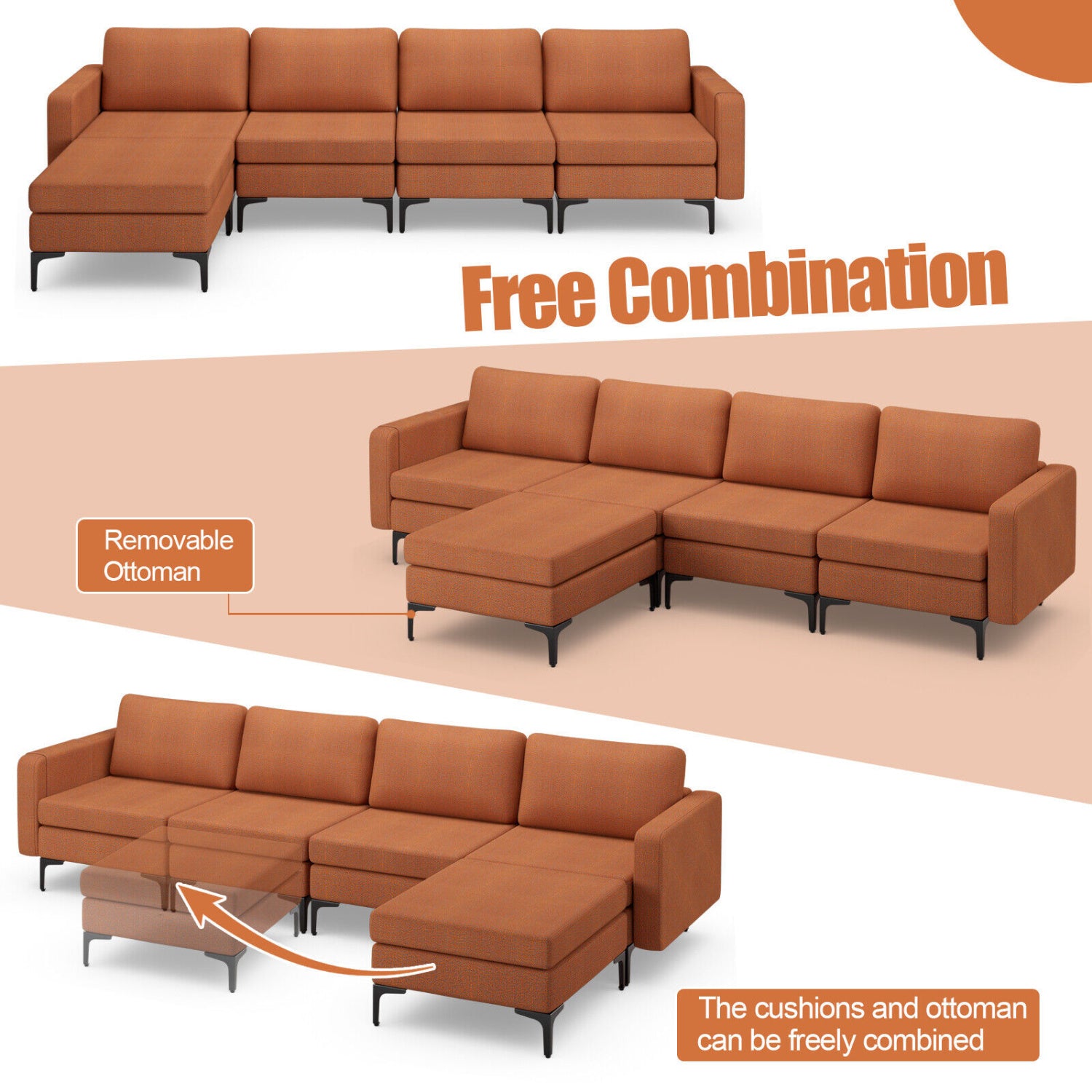 Modular L-Shaped Sectional Sofa, Reversible Ottoman, 2 USB Ports, Orange Sofas & Loveseats at Gallery Canada