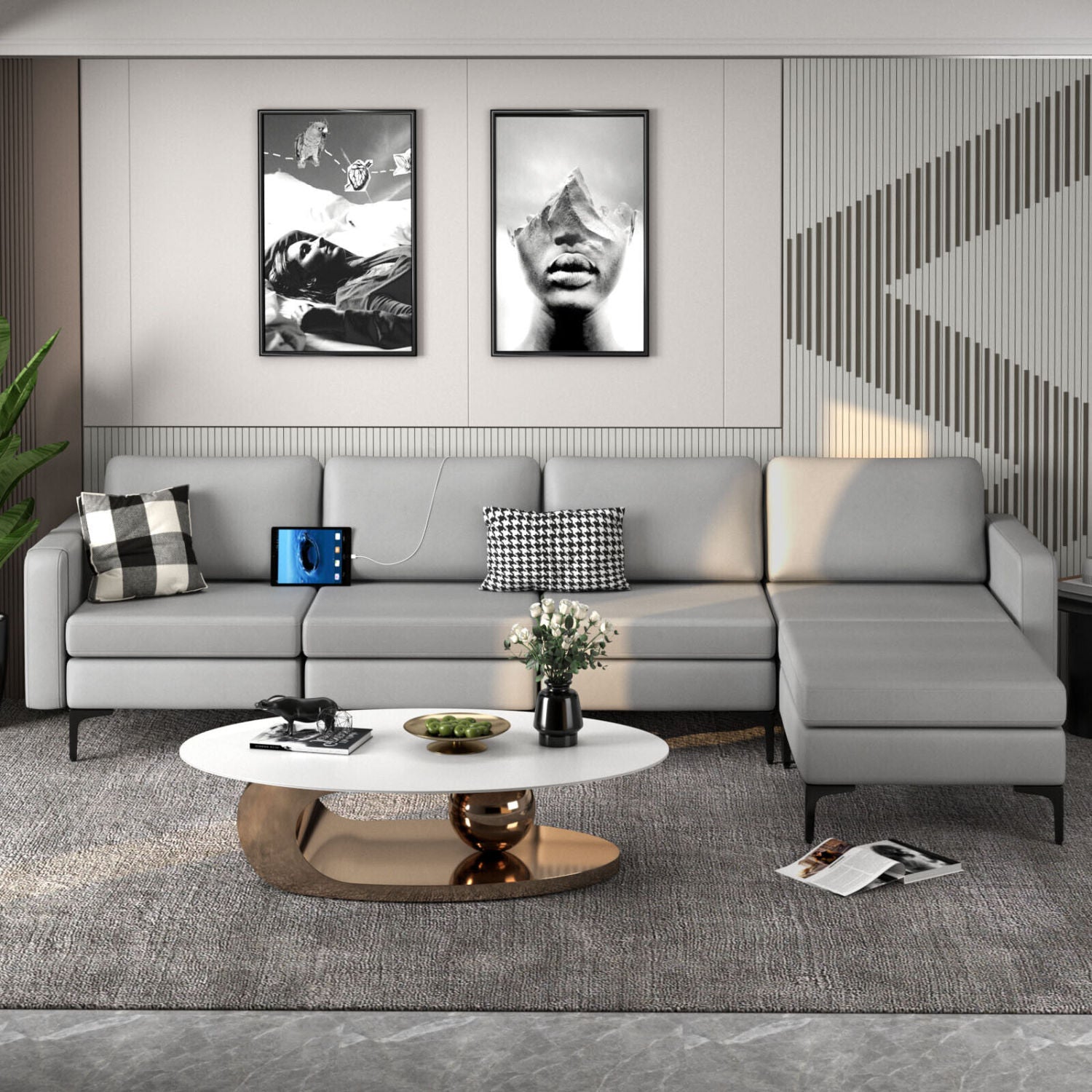 Modular L-Shaped Sectional Sofa, Reversible Ottoman, 2 USB Ports, Light Gray Sofas & Loveseats at Gallery Canada