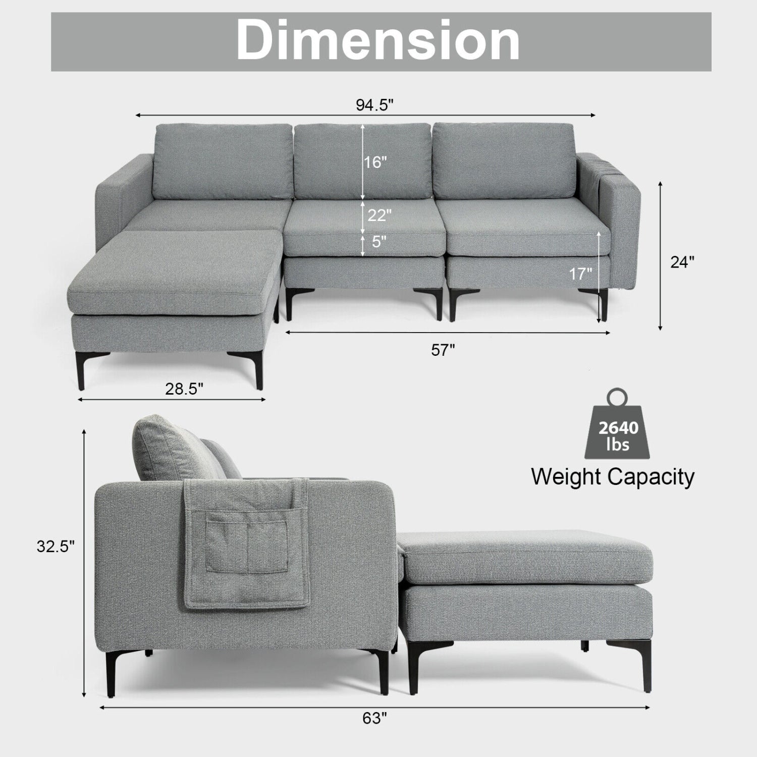 Modular L-Shaped Sectional Sofa, Reversible Chaise, 2 USB Ports, Dark Gray Sofas & Loveseats at Gallery Canada