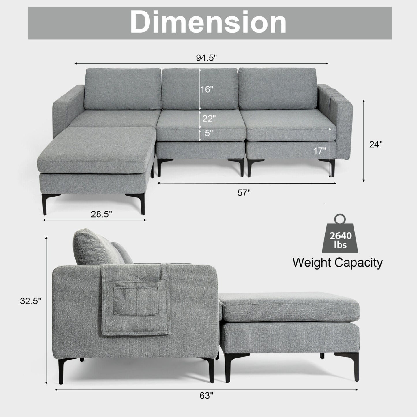 Modular L-Shaped Sectional Sofa, Reversible Chaise, 2 USB Ports, Dark Gray Sofas & Loveseats at Gallery Canada