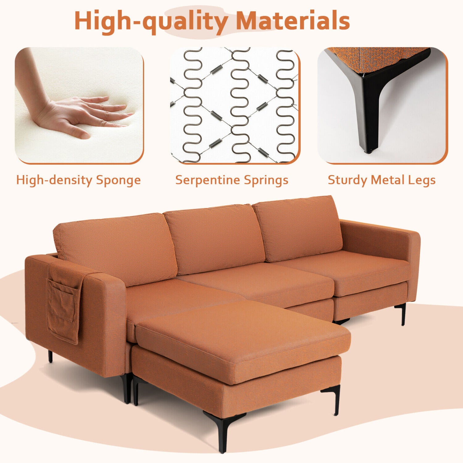 Modular L-Shaped Sectional Sofa, Reversible Chaise, 2 USB Ports, Orange Sofas & Loveseats at Gallery Canada