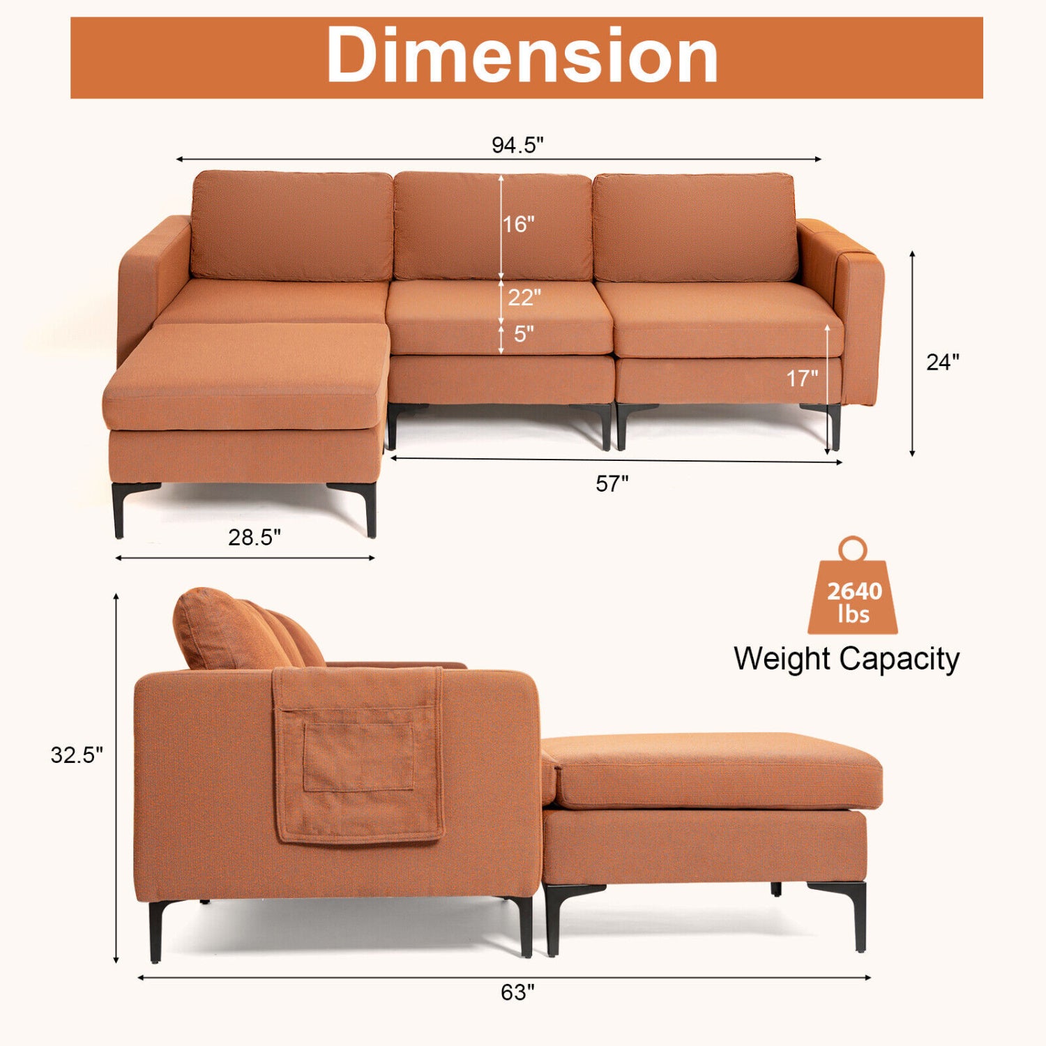Modular L-Shaped Sectional Sofa, Reversible Chaise, 2 USB Ports, Orange Sofas & Loveseats at Gallery Canada