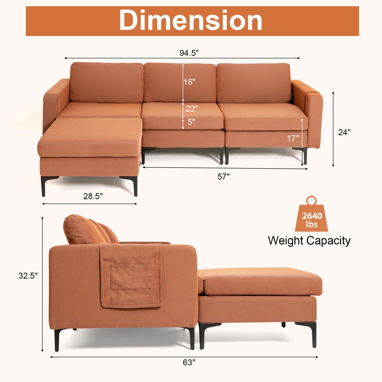 Modular L-Shaped Sectional Sofa, Reversible Chaise, 2 USB Ports, Orange Sofas & Loveseats at Gallery Canada