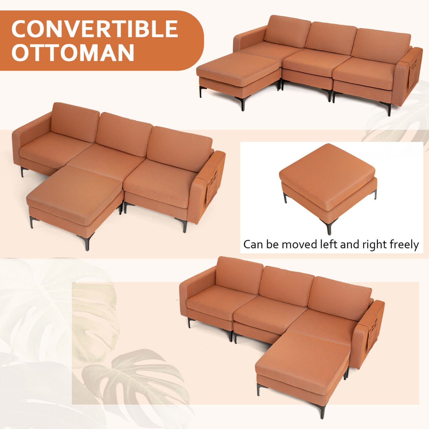 Modular L-Shaped Sectional Sofa, Reversible Chaise, 2 USB Ports, Orange Sofas & Loveseats at Gallery Canada