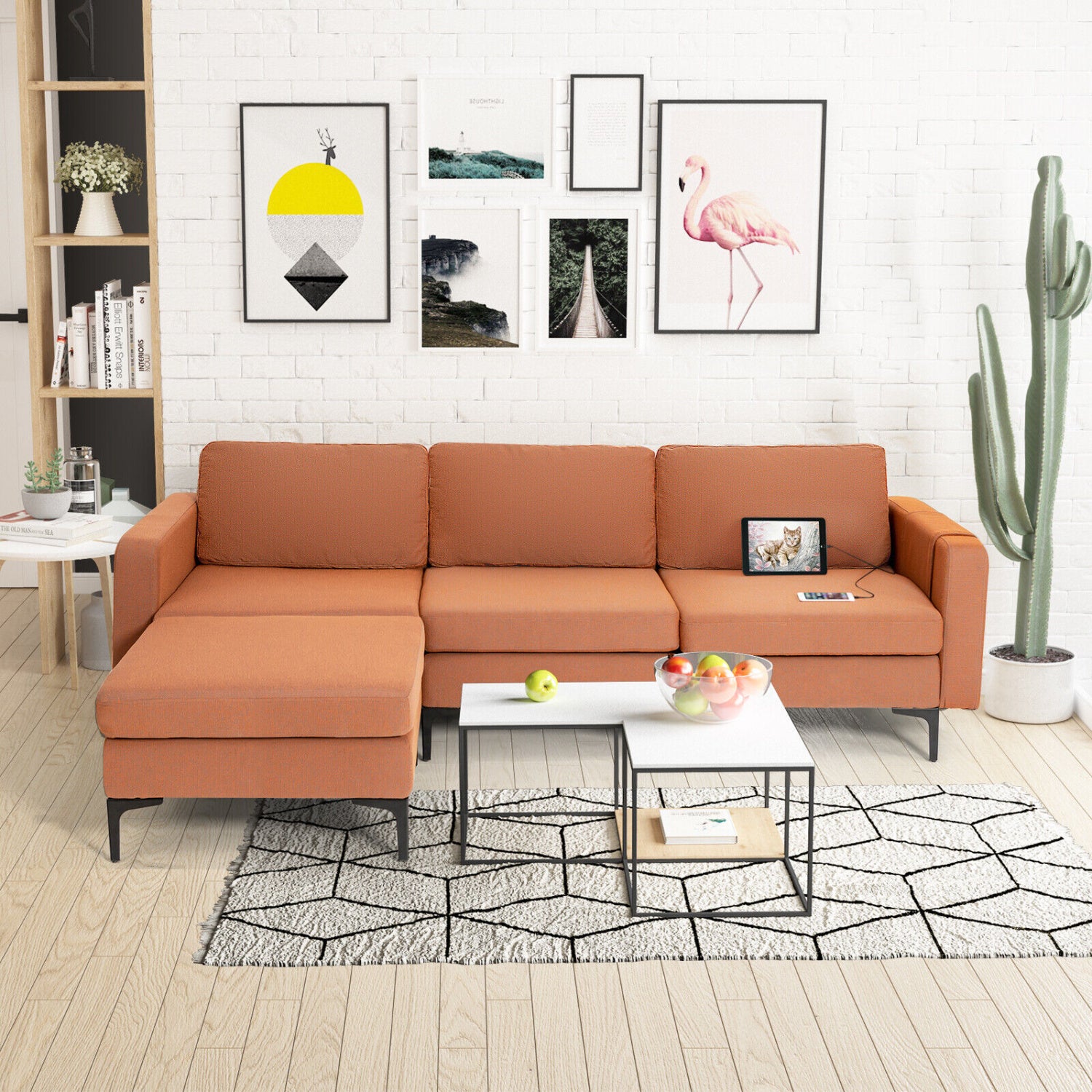 Modular L-Shaped Sectional Sofa, Reversible Chaise, 2 USB Ports, Orange Sofas & Loveseats at Gallery Canada