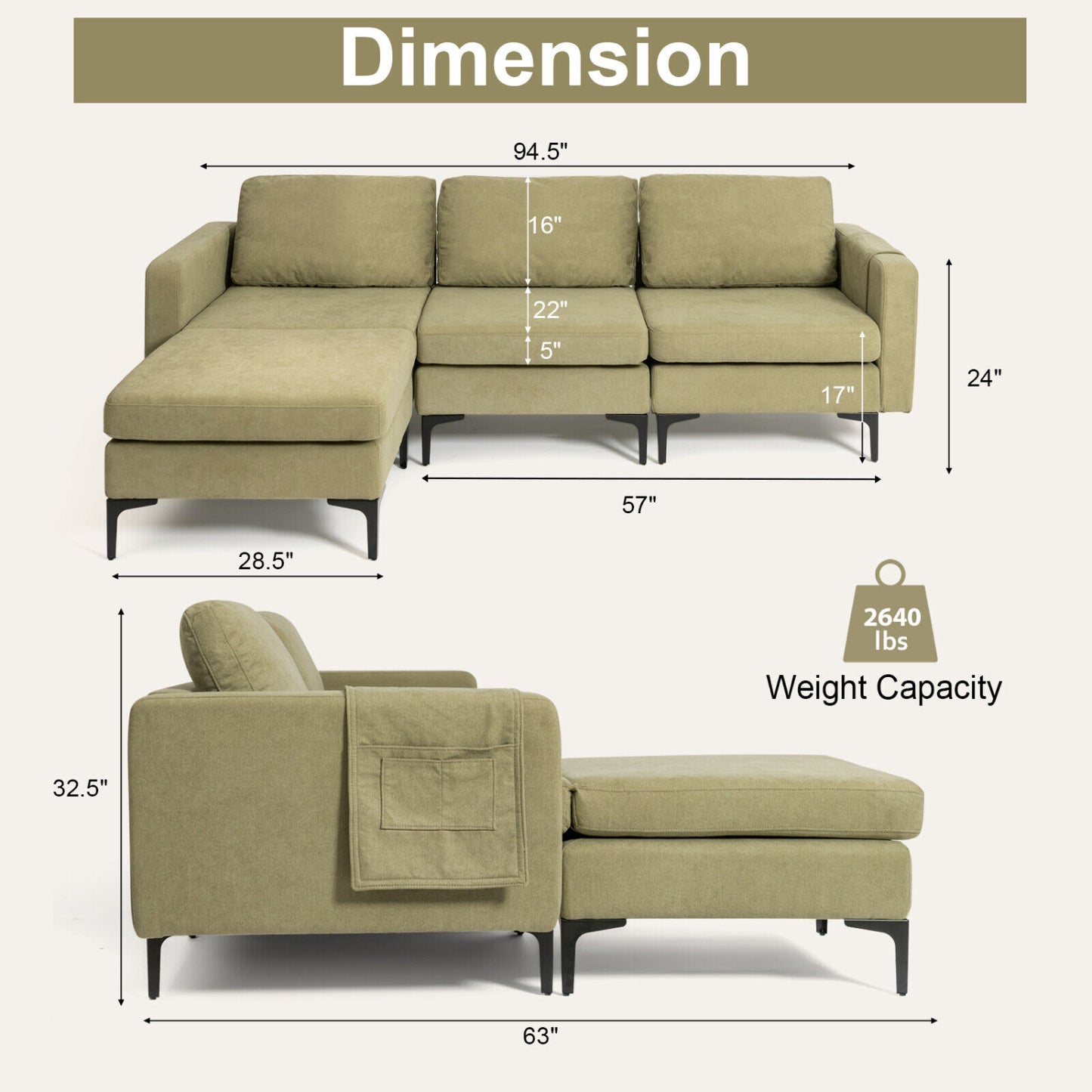 Modular L-Shaped Sectional Sofa, Reversible Chaise, 2 USB Ports, Green Sofas & Loveseats at Gallery Canada