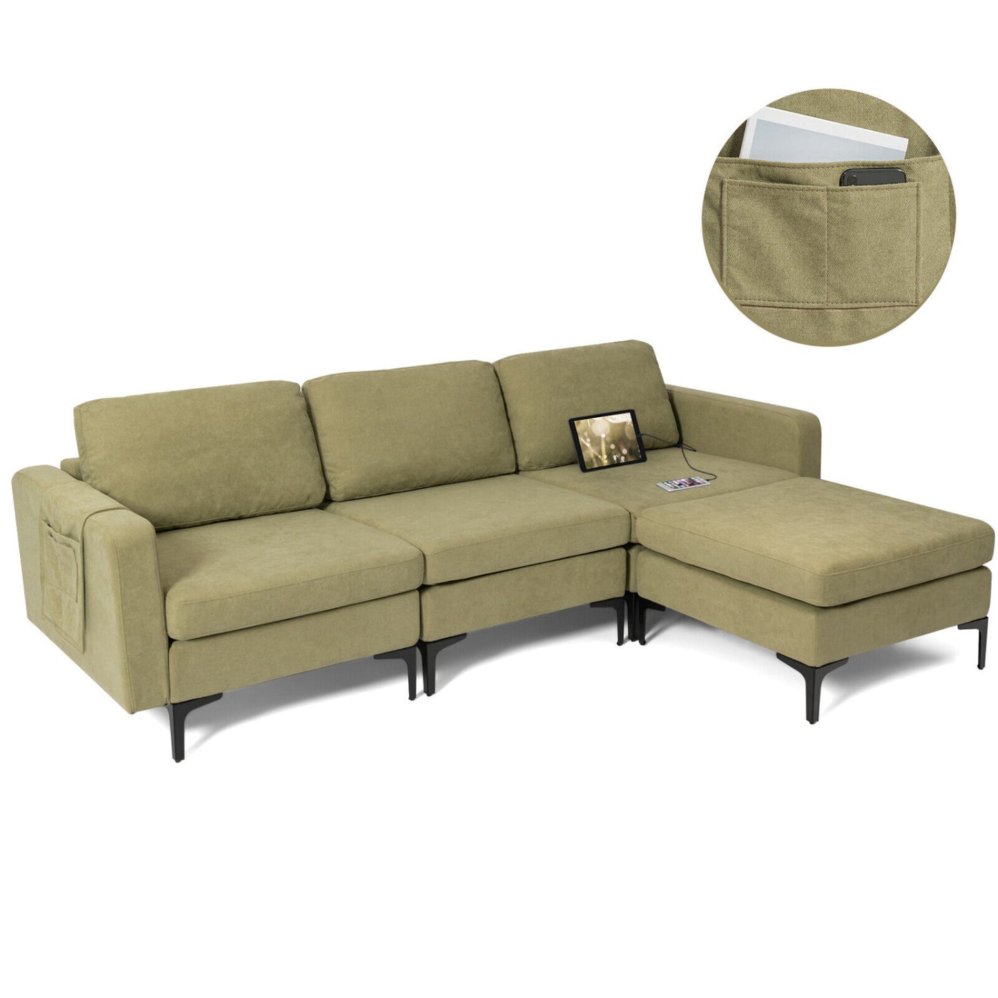 Modular L-Shaped Sectional Sofa, Reversible Chaise, 2 USB Ports, Green Sofas & Loveseats at Gallery Canada