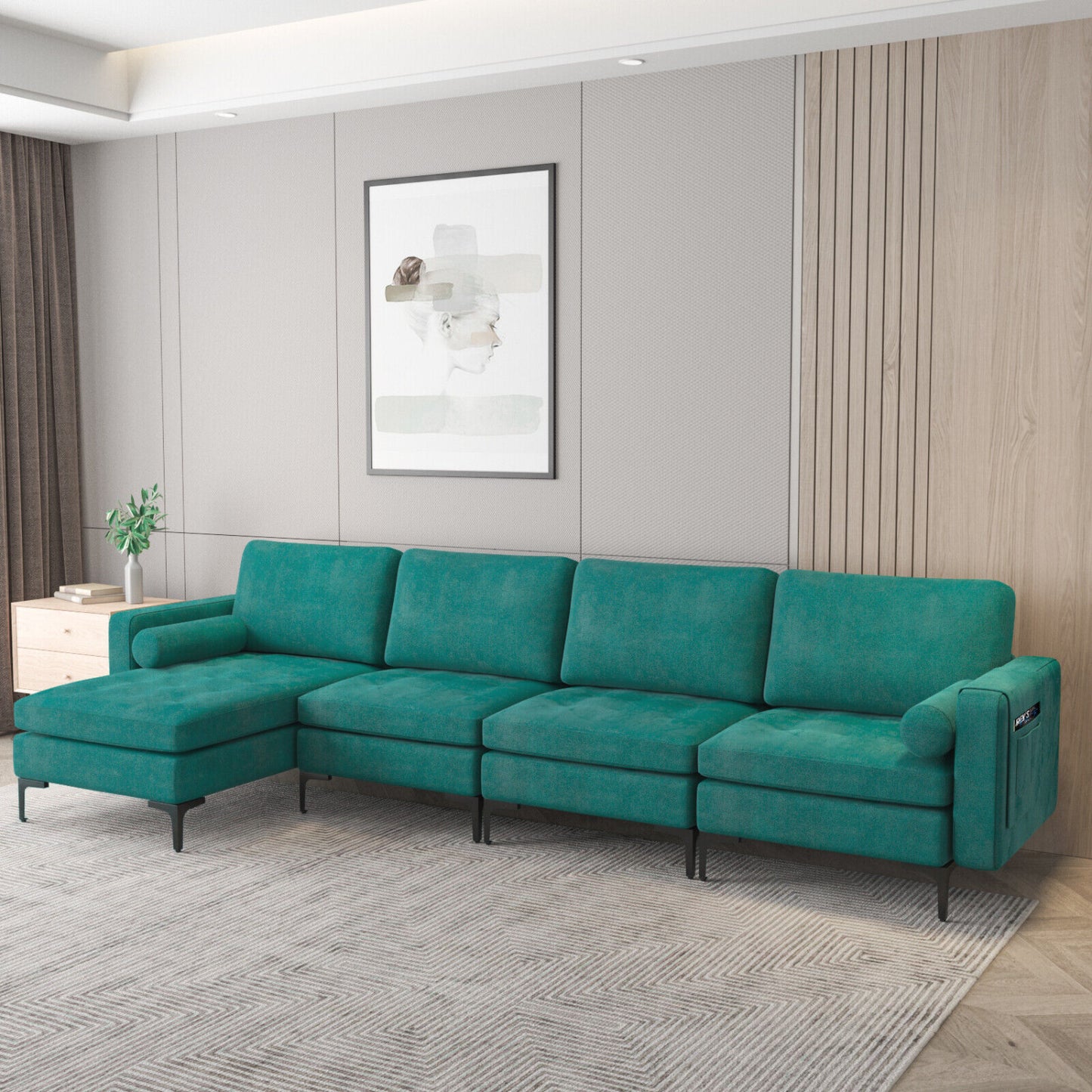Modular L-Shaped Sectional Sofa, Reversible Chaise, 2 USB Ports, Teal Sofas & Loveseats at Gallery Canada