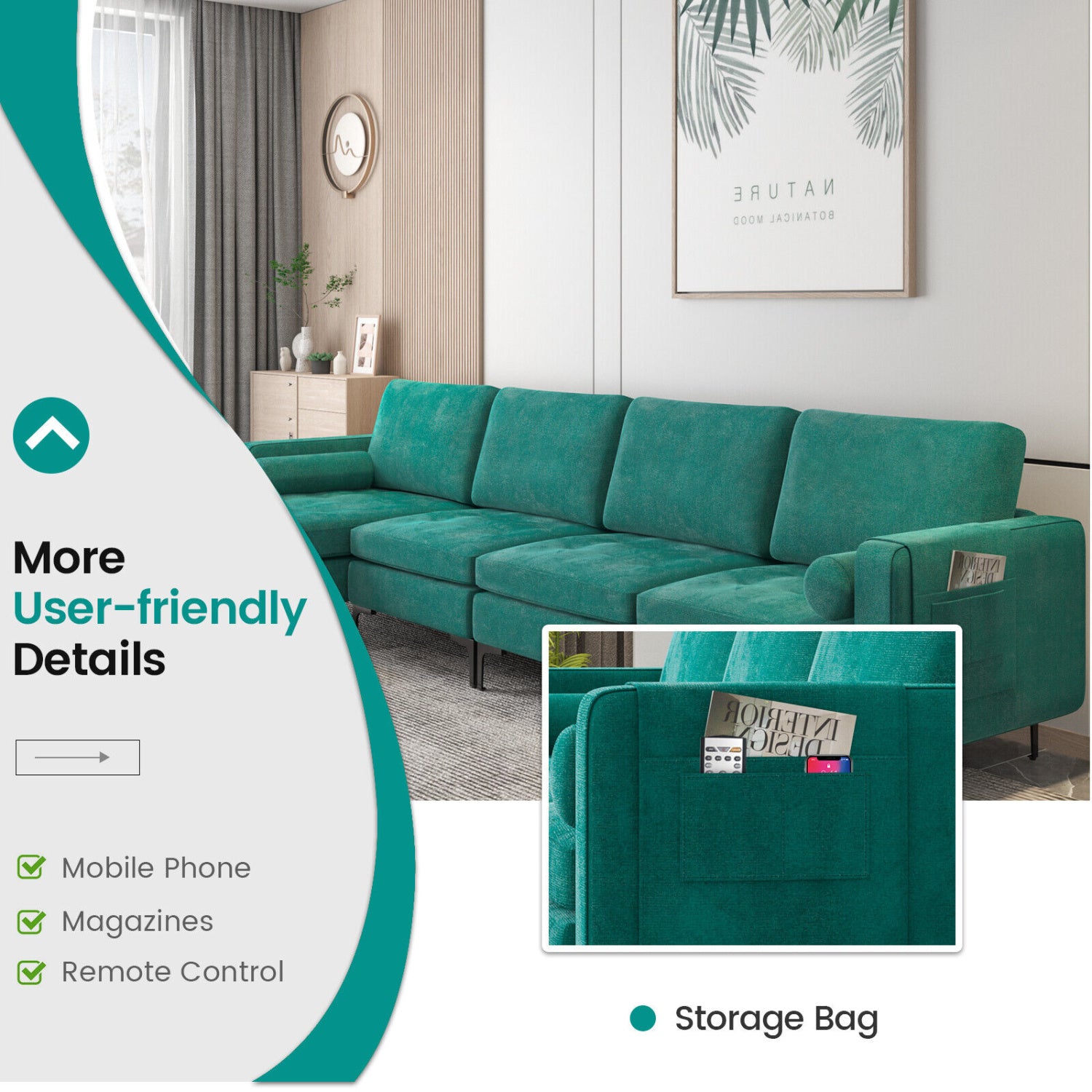 Modular L-Shaped Sectional Sofa, Reversible Chaise, 2 USB Ports, Teal Sofas & Loveseats at Gallery Canada
