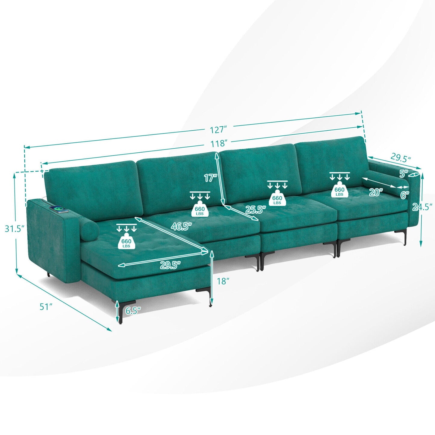 Modular L-Shaped Sectional Sofa, Reversible Chaise, 2 USB Ports, Teal Sofas & Loveseats at Gallery Canada