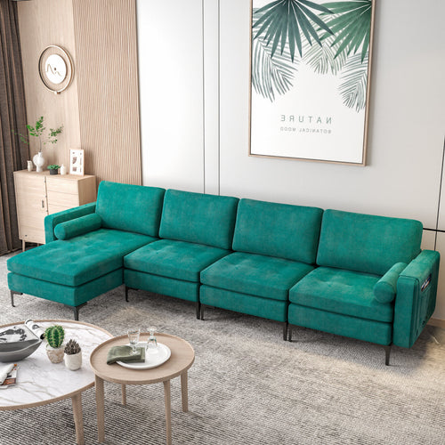 Modular L-Shaped Sectional Sofa, Reversible Chaise, 2 USB Ports, Teal