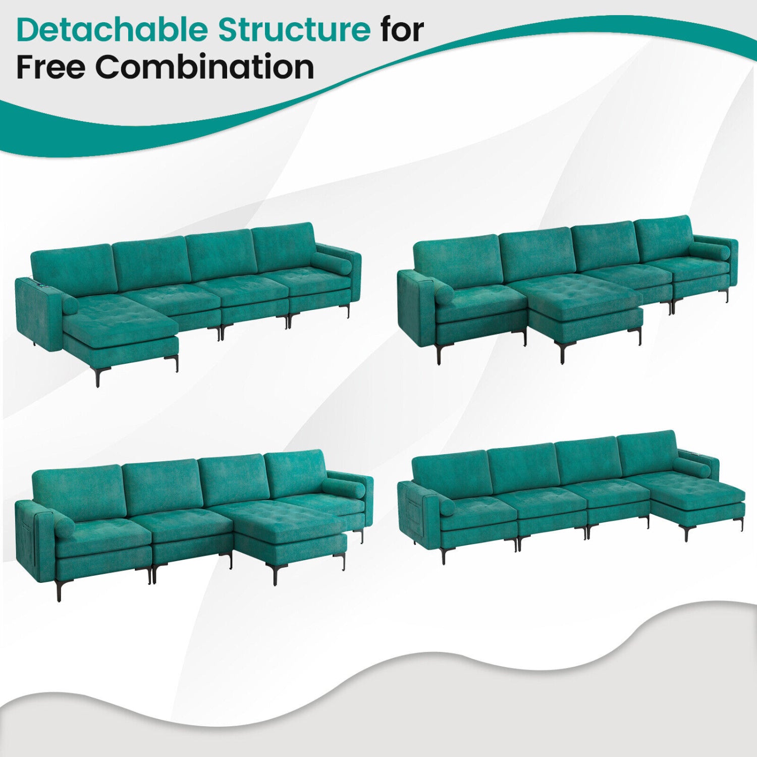 Modular L-Shaped Sectional Sofa, Reversible Chaise, 2 USB Ports, Teal Sofas & Loveseats at Gallery Canada