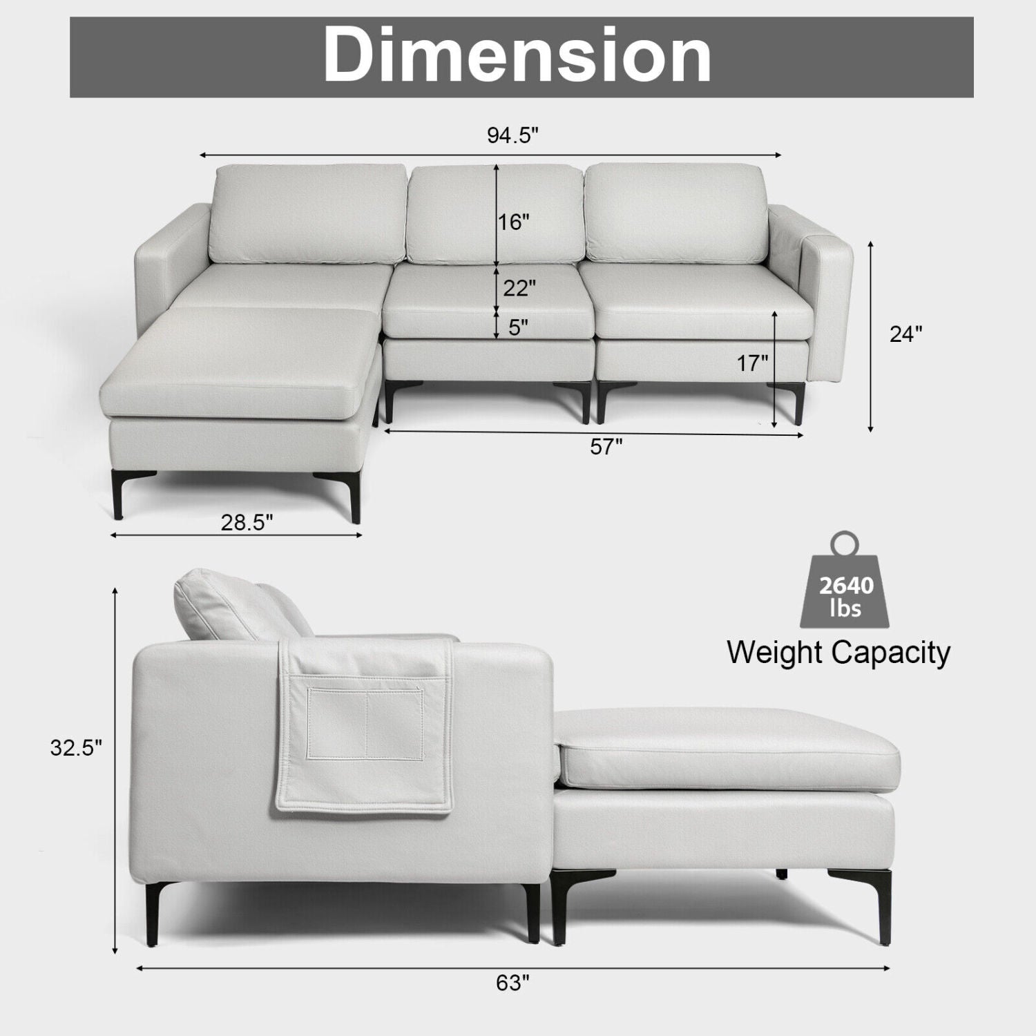 Modular Modern L-shaped Sectional Sofa with Reversible Chaise and 2 USB Ports, Light Gray Sofas & Loveseats at Gallery Canada
