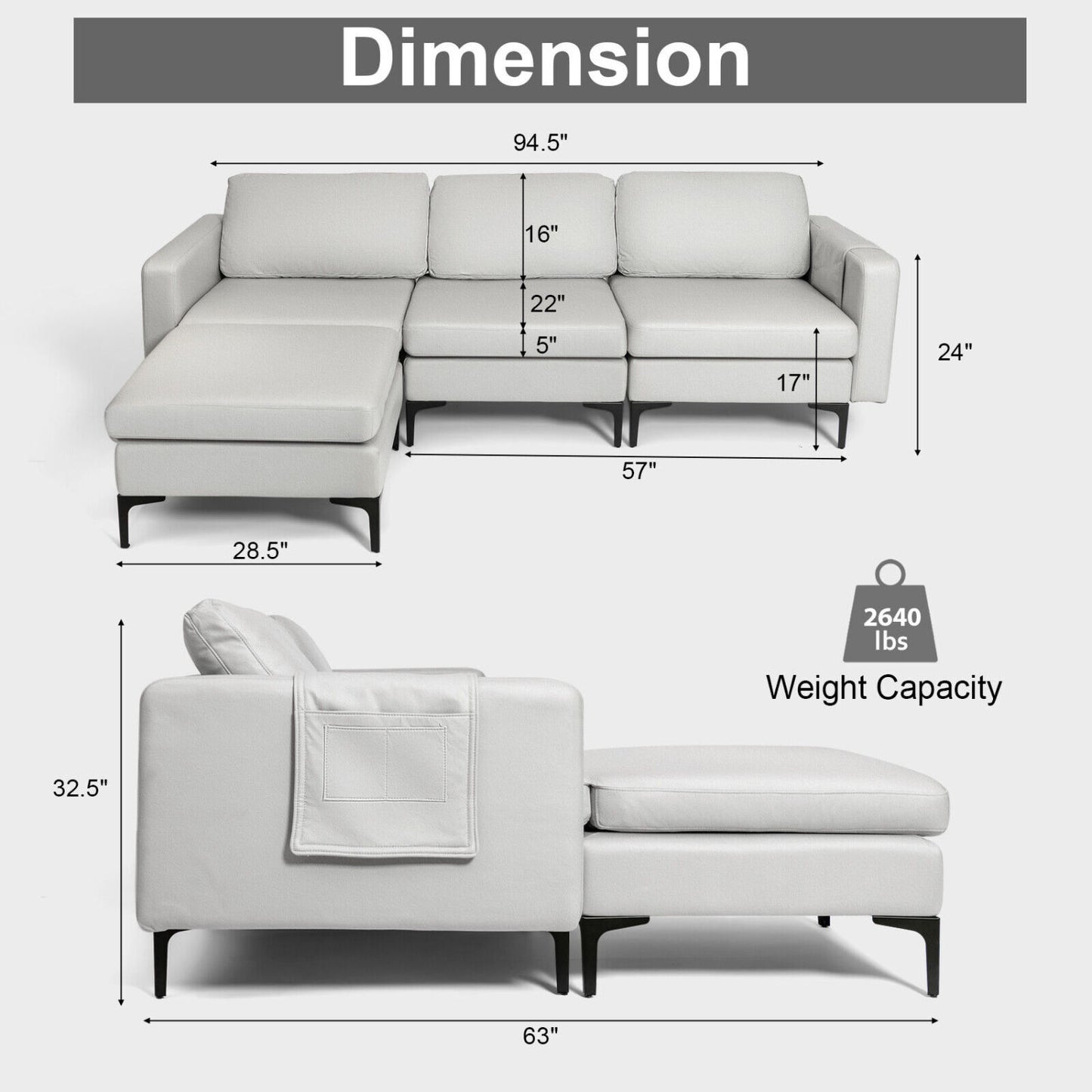Modular Modern L-shaped Sectional Sofa with Reversible Chaise and 2 USB Ports, Light Gray Sofas & Loveseats at Gallery Canada