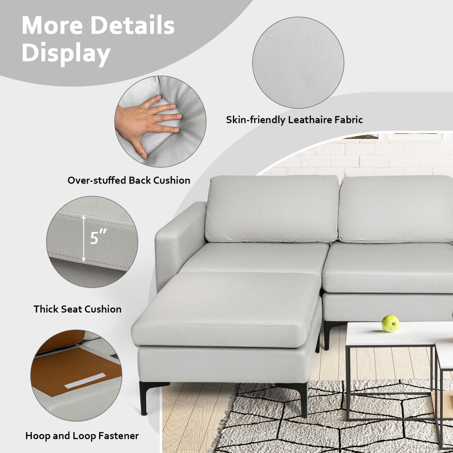 Modular Modern L-shaped Sectional Sofa with Reversible Chaise and 2 USB Ports, Light Gray Sofas & Loveseats at Gallery Canada