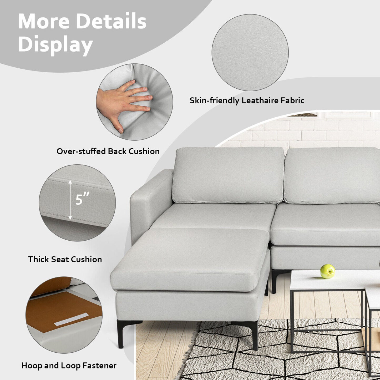 Modular Modern L-shaped Sectional Sofa with Reversible Chaise and 2 USB Ports, Light Gray Sofas & Loveseats at Gallery Canada