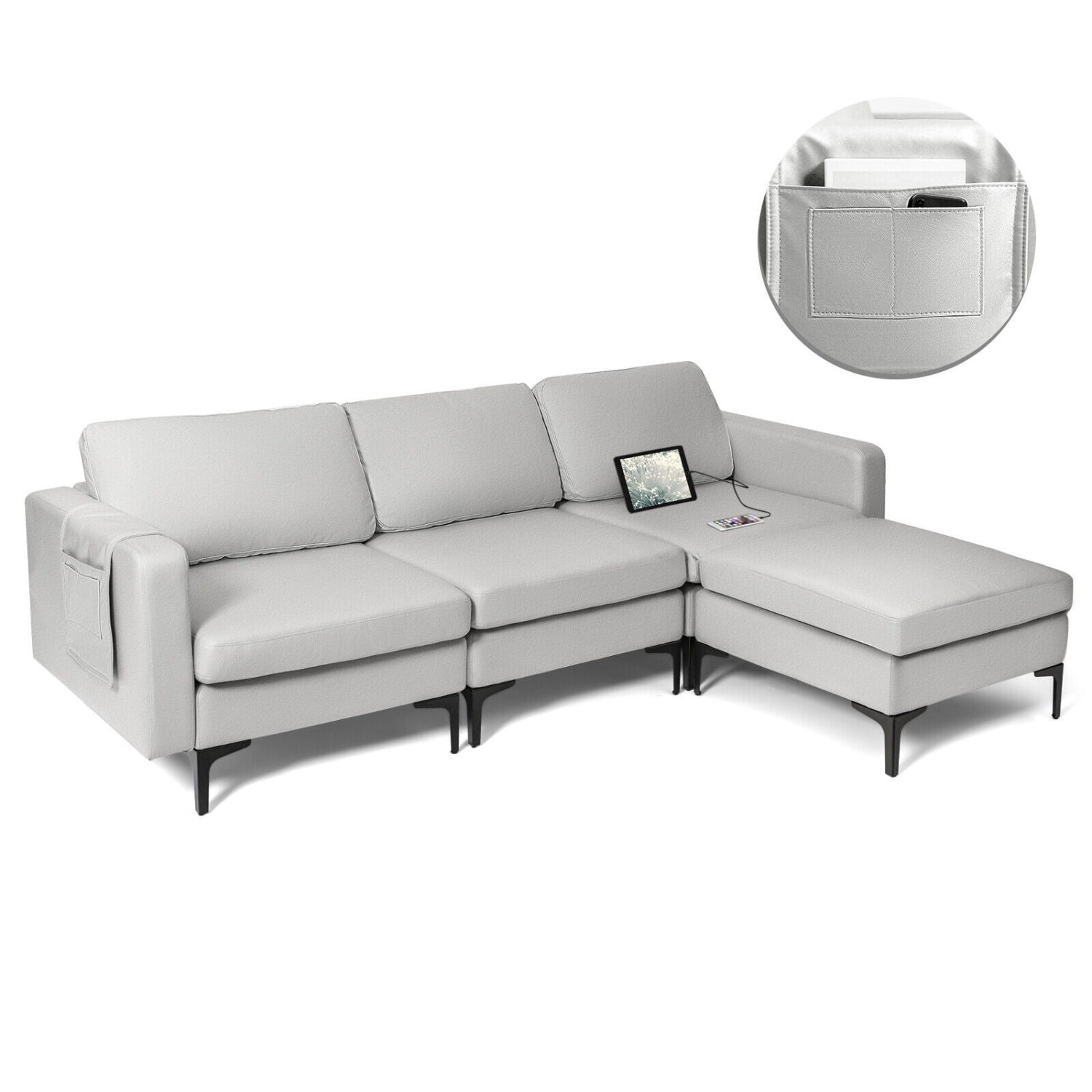 Modular Modern L-shaped Sectional Sofa with Reversible Chaise and 2 USB Ports, Light Gray Sofas & Loveseats at Gallery Canada