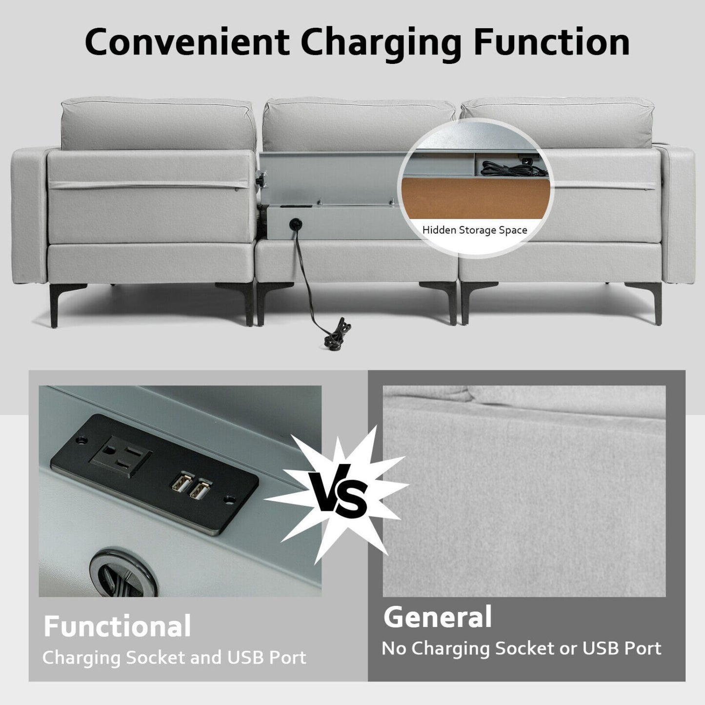 Modular Modern L-shaped Sectional Sofa with Reversible Chaise and 2 USB Ports, Light Gray Sofas & Loveseats at Gallery Canada