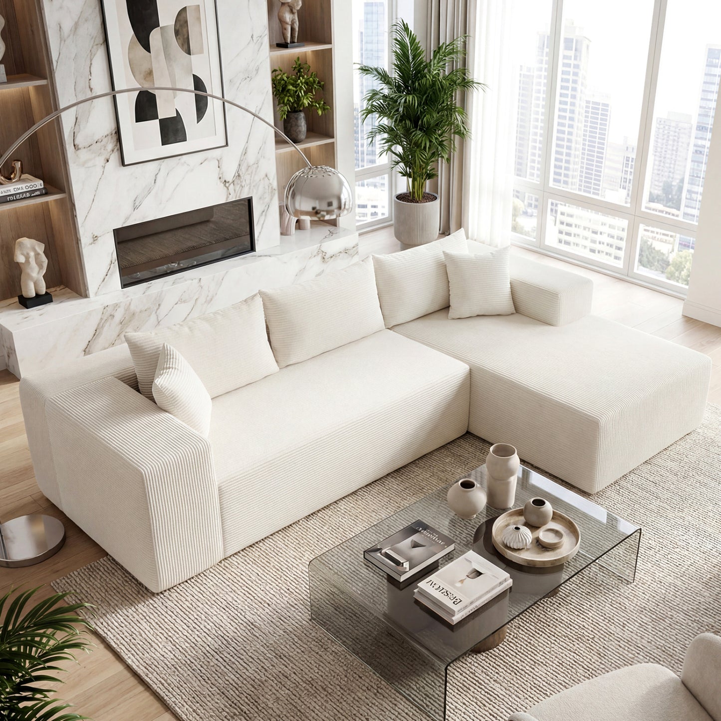 Modular Sectional Sofa Corduroy Upholstered L-shaped Sofa Couch with Deep Seats, Beige Sofas & Loveseats at Gallery Canada