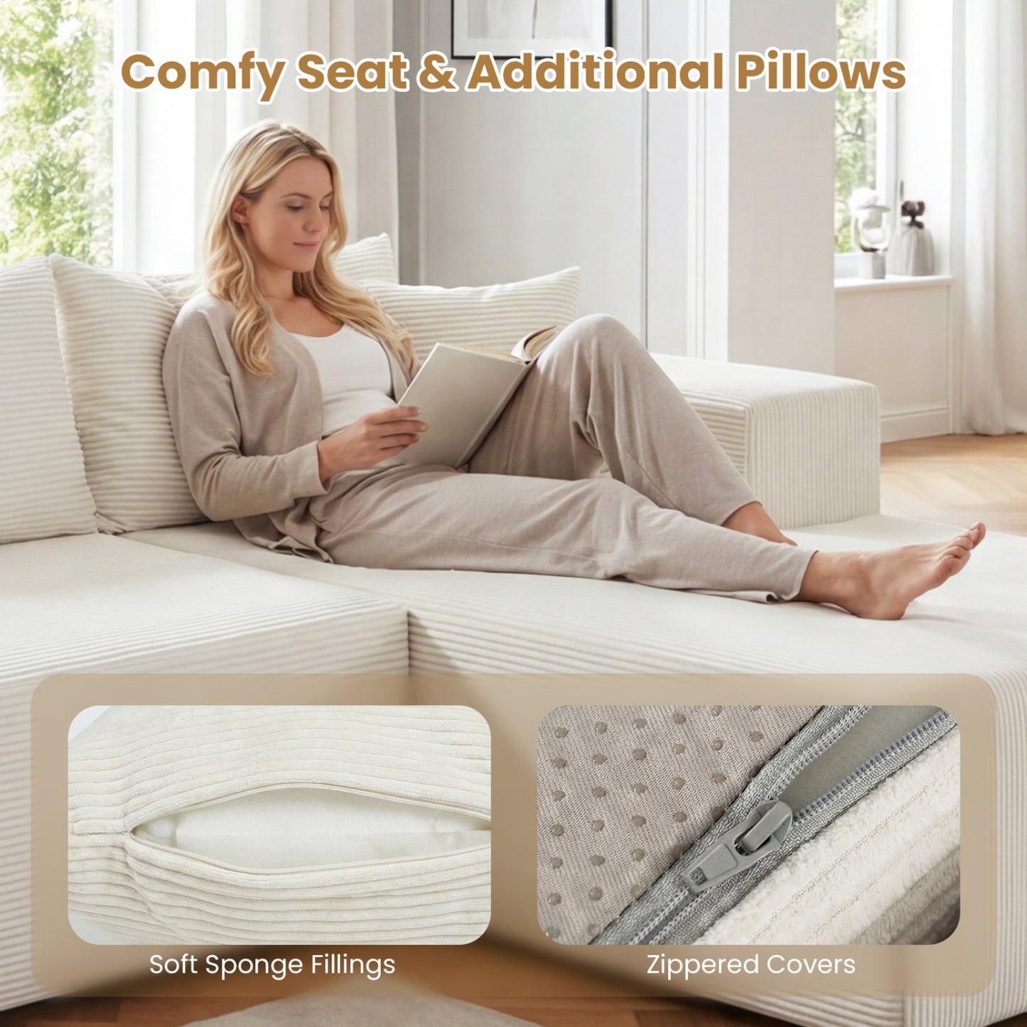 Modular Sectional Sofa Corduroy Upholstered L-shaped Sofa Couch with Deep Seats, Beige Sofas & Loveseats at Gallery Canada