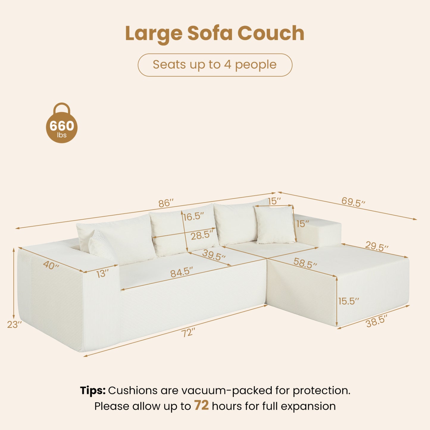 Modular Sectional Sofa Corduroy Upholstered L-shaped Sofa Couch with Deep Seats, Beige Sofas & Loveseats at Gallery Canada