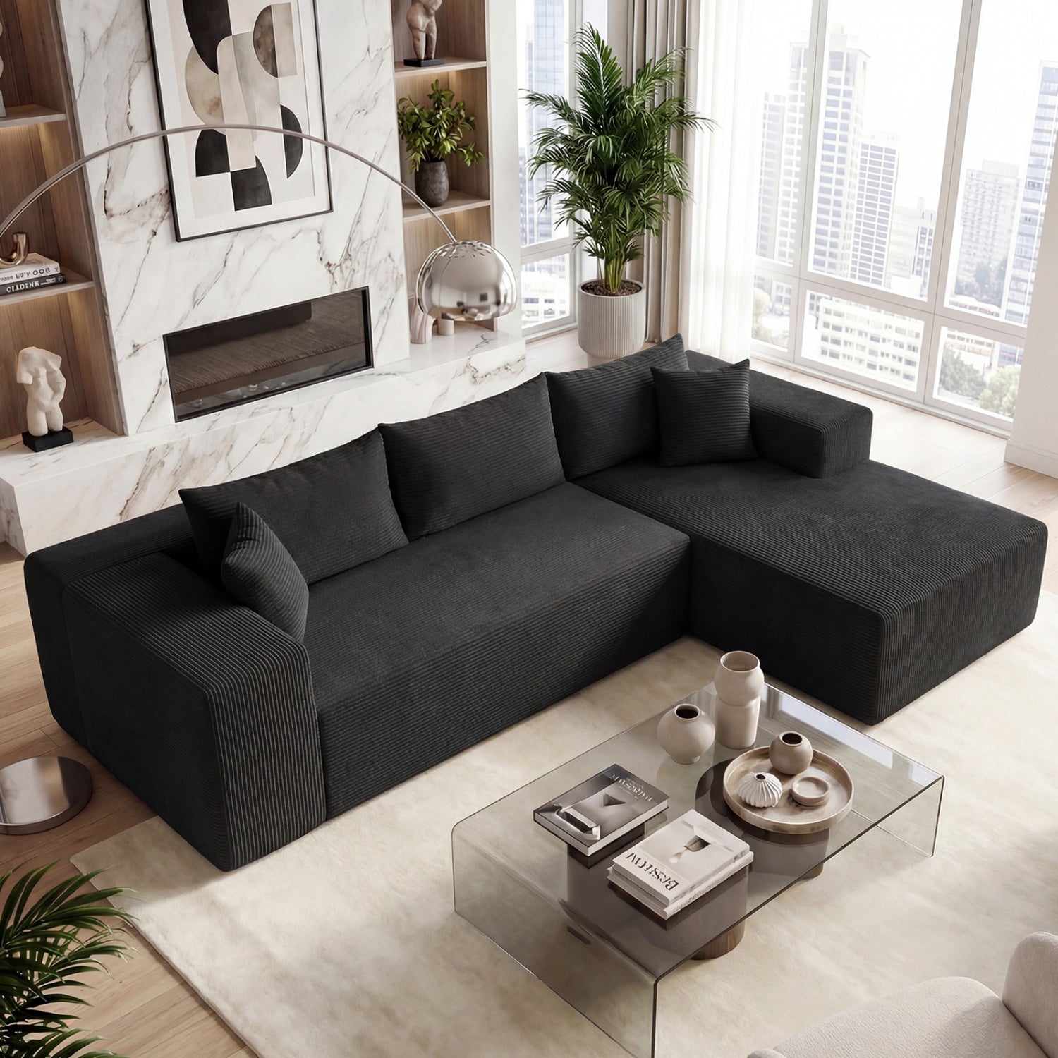 Modular Sectional Sofa Corduroy Upholstered L-shaped Sofa Couch with Deep Seats, Black Sofas & Loveseats at Gallery Canada
