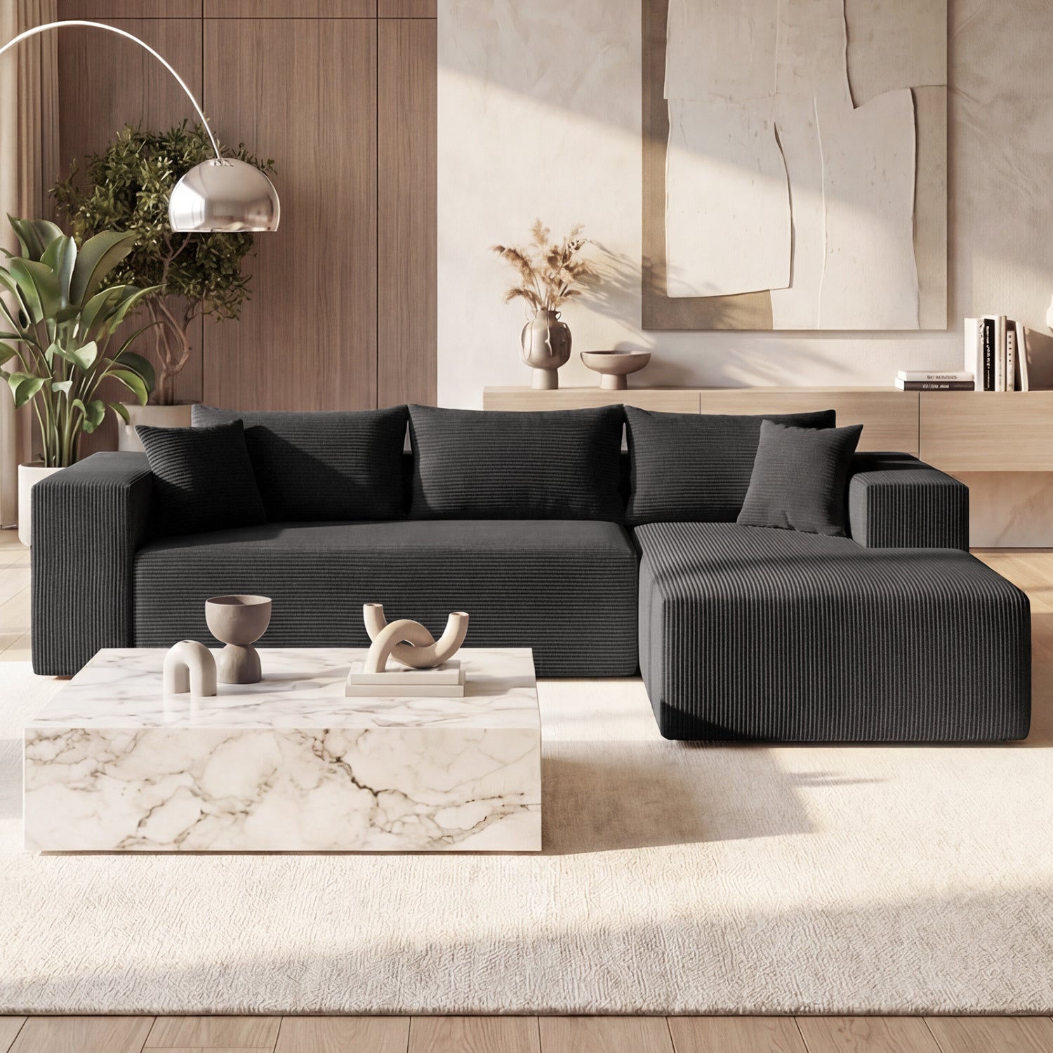 Modular Sectional Sofa Corduroy Upholstered L-shaped Sofa Couch with Deep Seats, Black Sofas & Loveseats at Gallery Canada