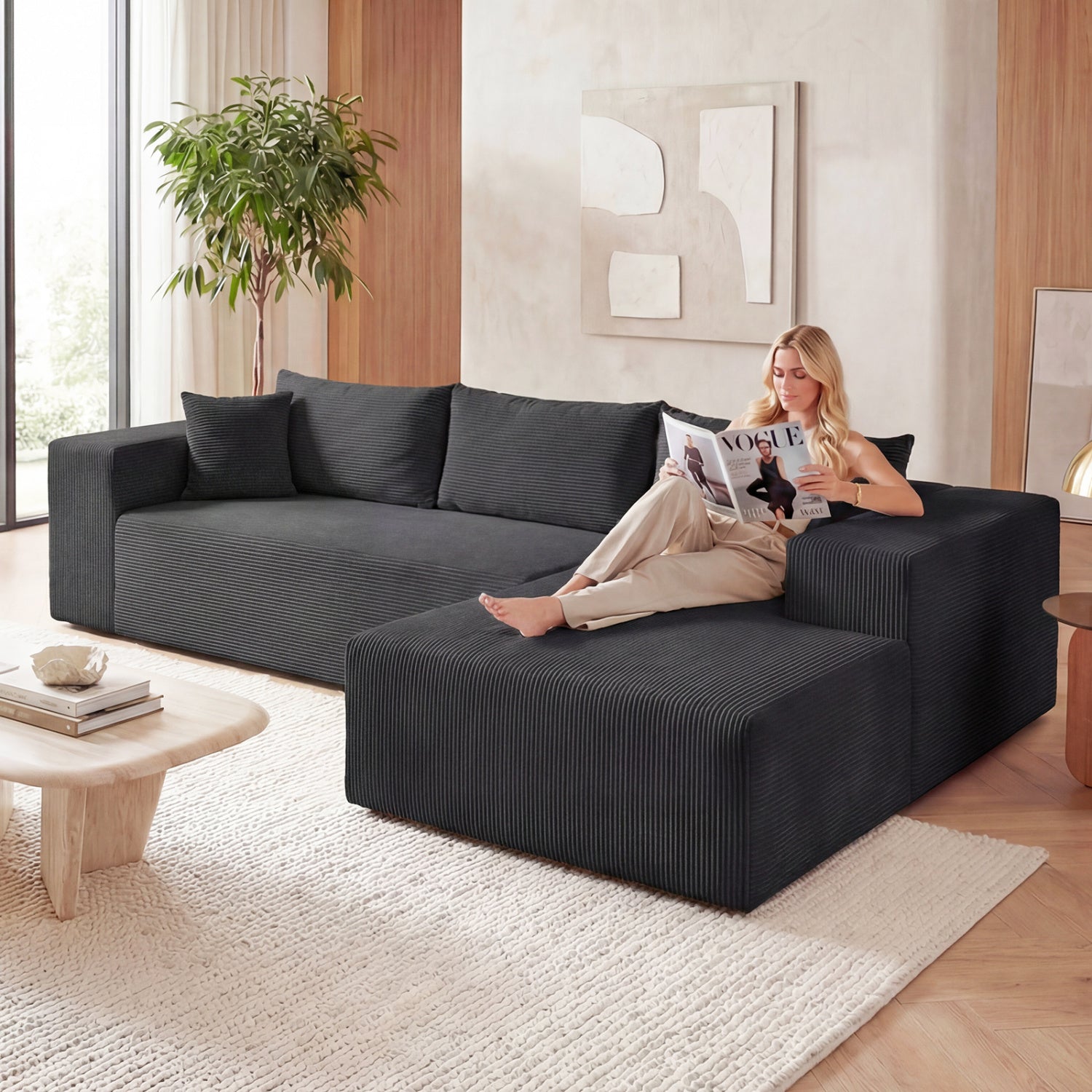 Modular Sectional Sofa Corduroy Upholstered L-shaped Sofa Couch with Deep Seats, Black Sofas & Loveseats at Gallery Canada
