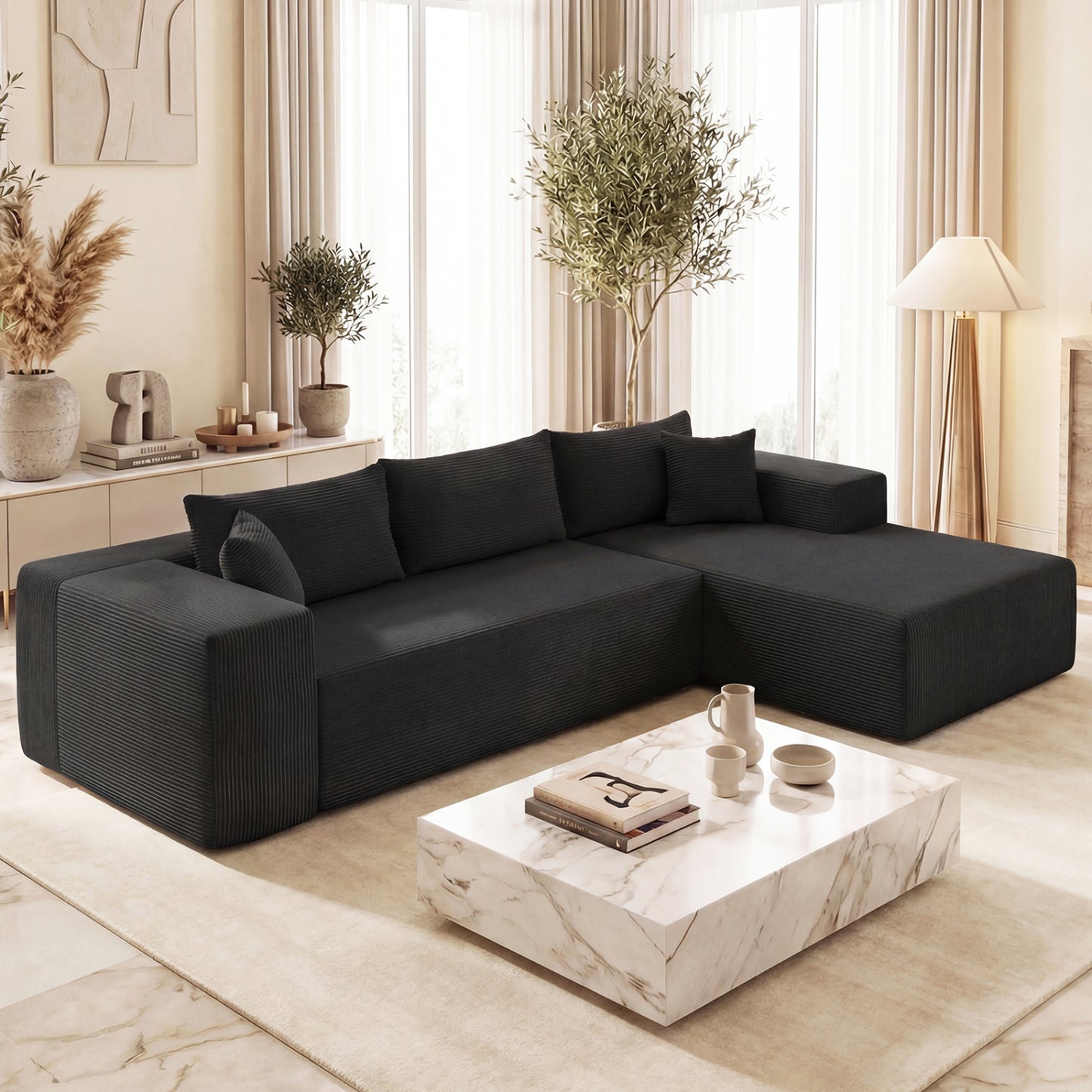 Modular Sectional Sofa Corduroy Upholstered L-shaped Sofa Couch with Deep Seats, Black Sofas & Loveseats at Gallery Canada