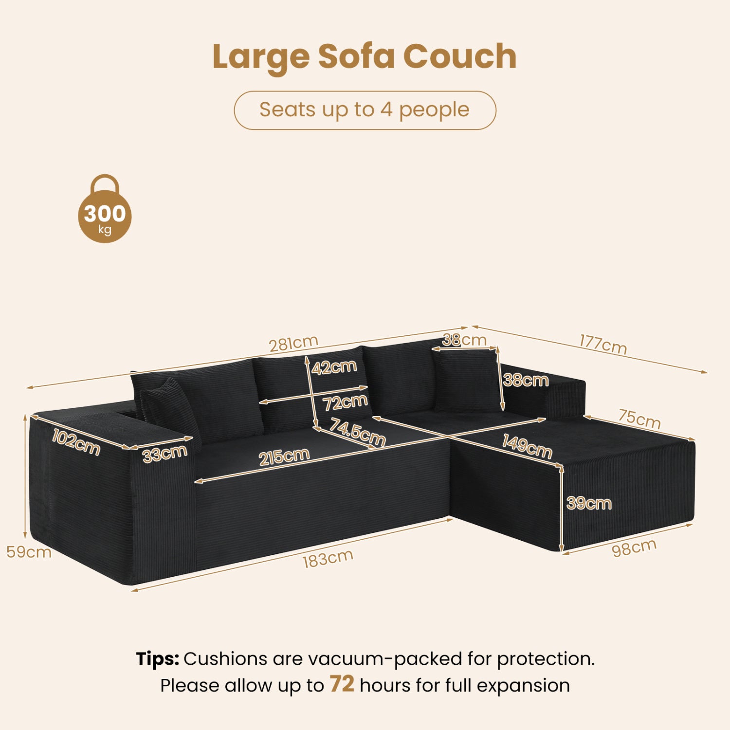 Modular Sectional Sofa Corduroy Upholstered L-shaped Sofa Couch with Deep Seats, Black Sofas & Loveseats at Gallery Canada