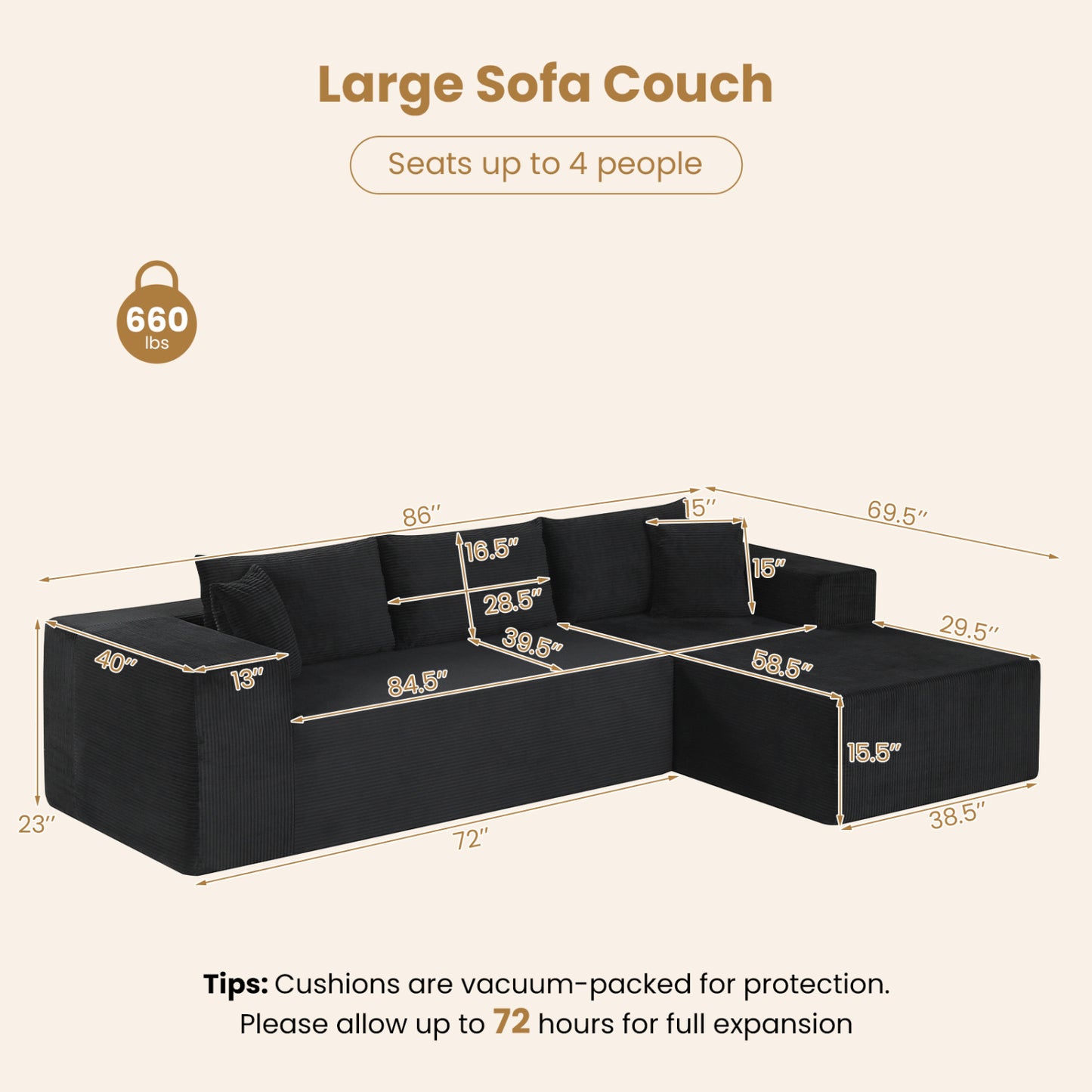 Modular Sectional Sofa Corduroy Upholstered L-shaped Sofa Couch with Deep Seats, Black Sofas & Loveseats at Gallery Canada