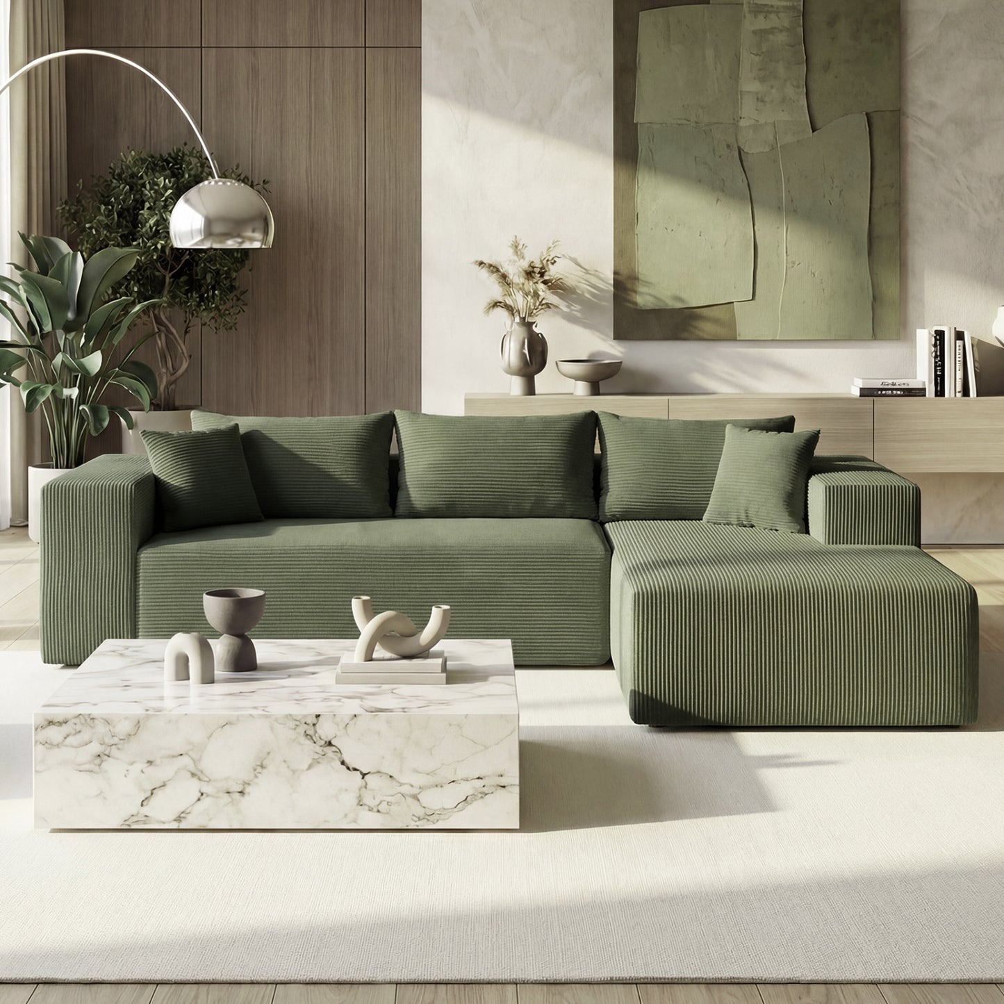 Modular Sectional Sofa Corduroy Upholstered L-shaped Sofa Couch with Deep Seats, Green Sofas & Loveseats at Gallery Canada