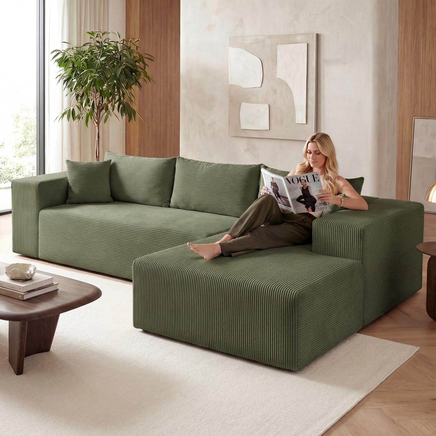 Modular Sectional Sofa Corduroy Upholstered L-shaped Sofa Couch with Deep Seats, Green Sofas & Loveseats at Gallery Canada
